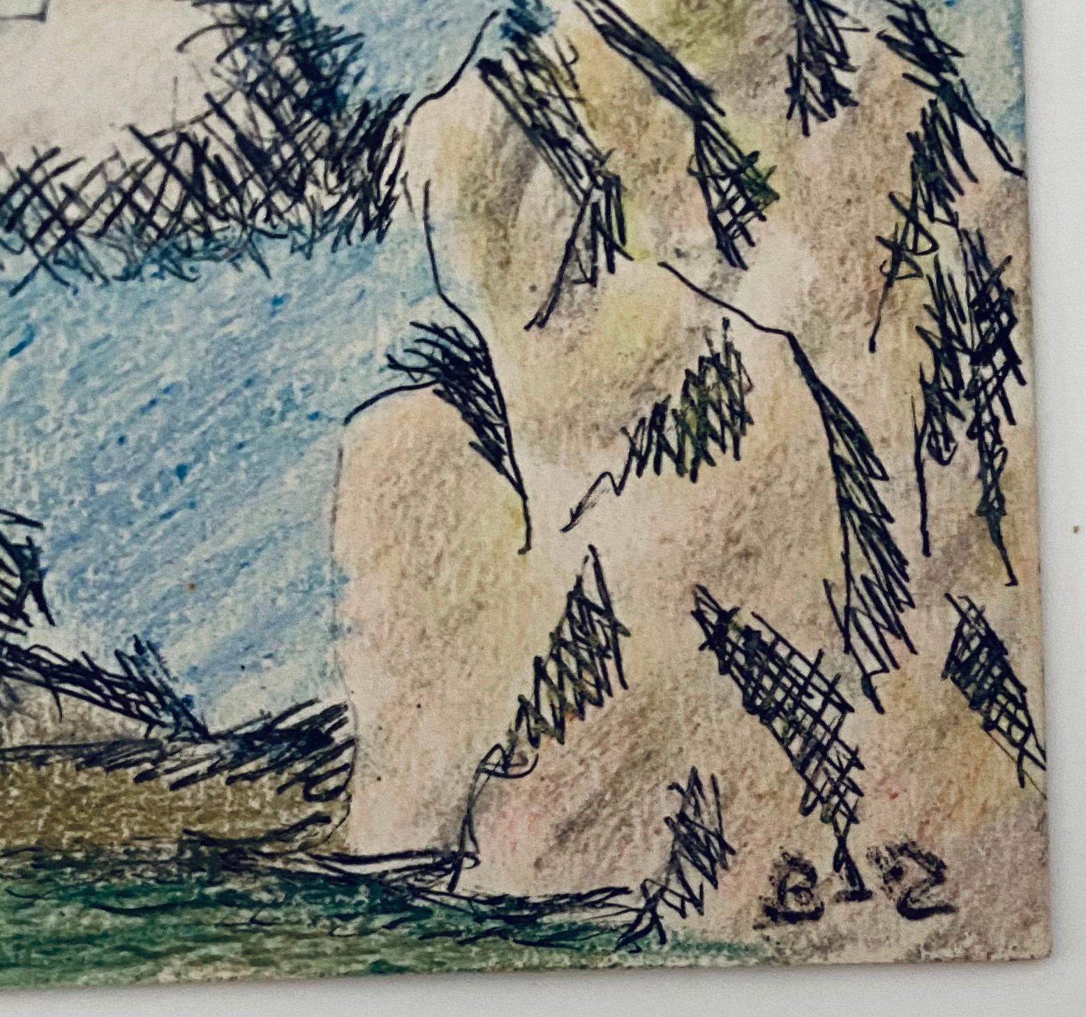 Pastel, Ink Drawing Rocks And Cloud Landscape Jewish American Modernist WPA - Gray Figurative Art by Ben-Zion Weinman