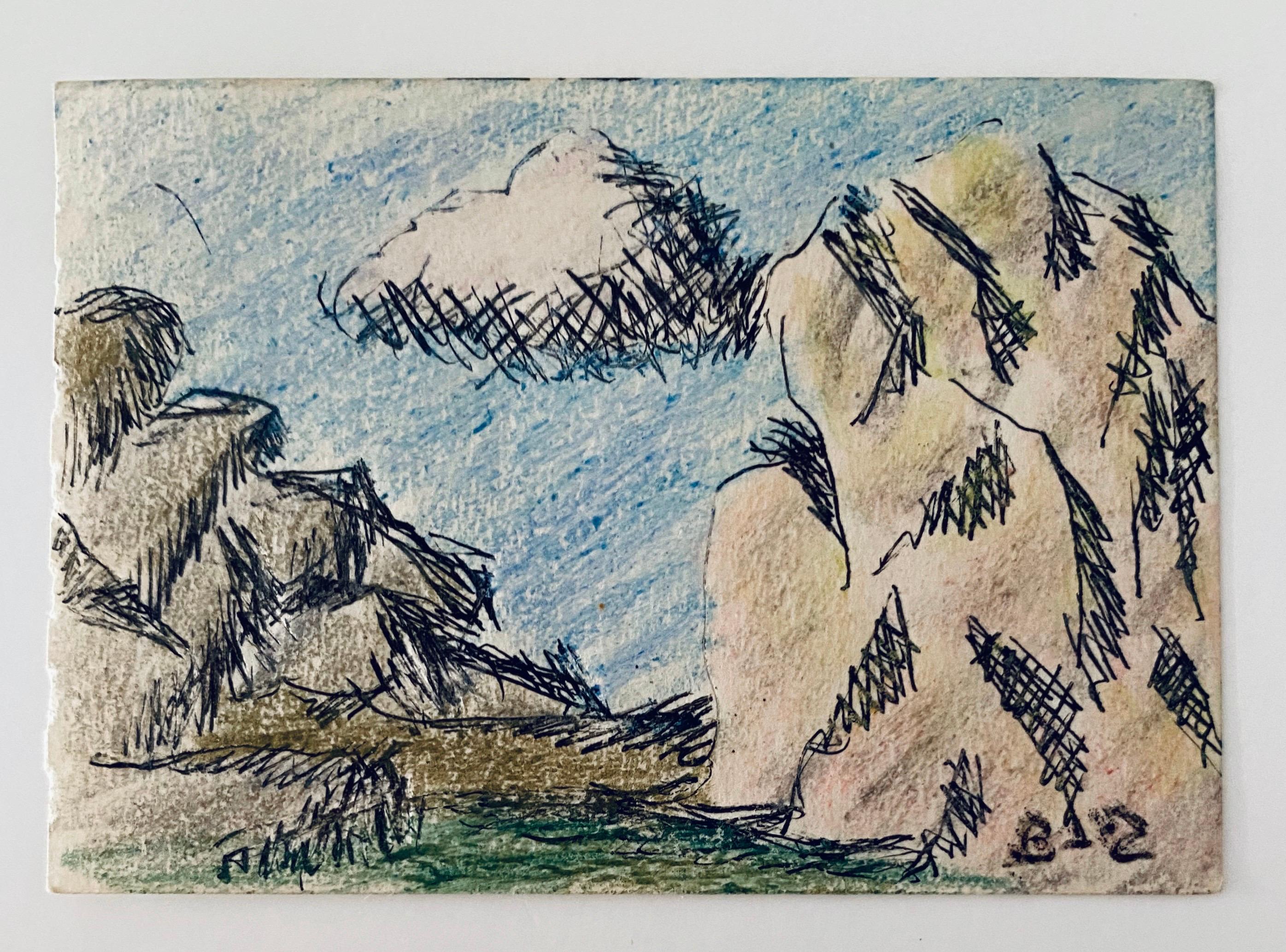Pastel, Ink Drawing Rocks And Cloud Landscape Jewish American Modernist WPA For Sale 1