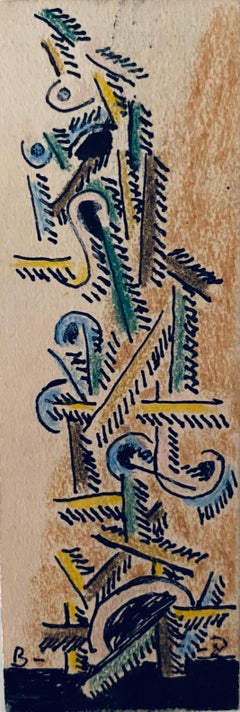 Dessin abstrait, peinture à l'aquarelle, colonne de totem moderniste juive américaine WPA