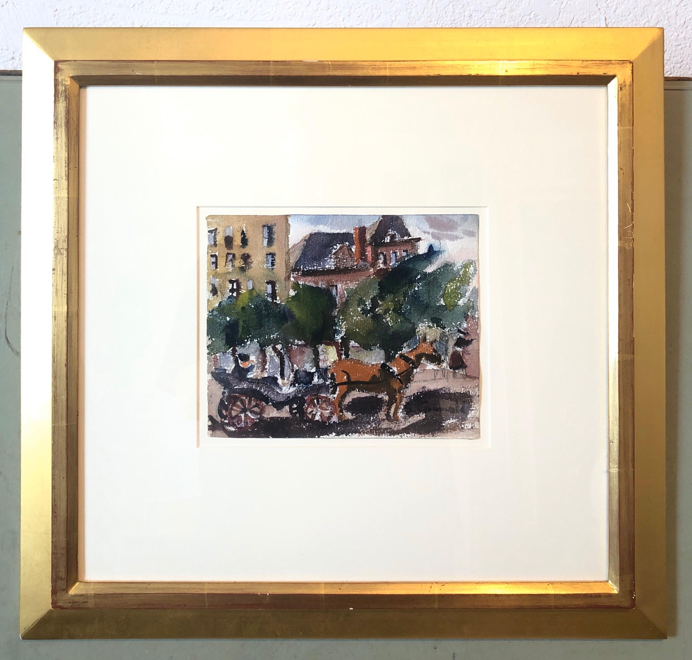 Horse and Buggy 59th st. Manhattan (fauvist painting of NYC outside central park) 1940's.
image is 6.25 X 7.5 inches. Hand signed lower right
Provenance: Greenwich Gallery (Greenwich CT)

Samuel Grunvald was a Hungarian born American WPA artist