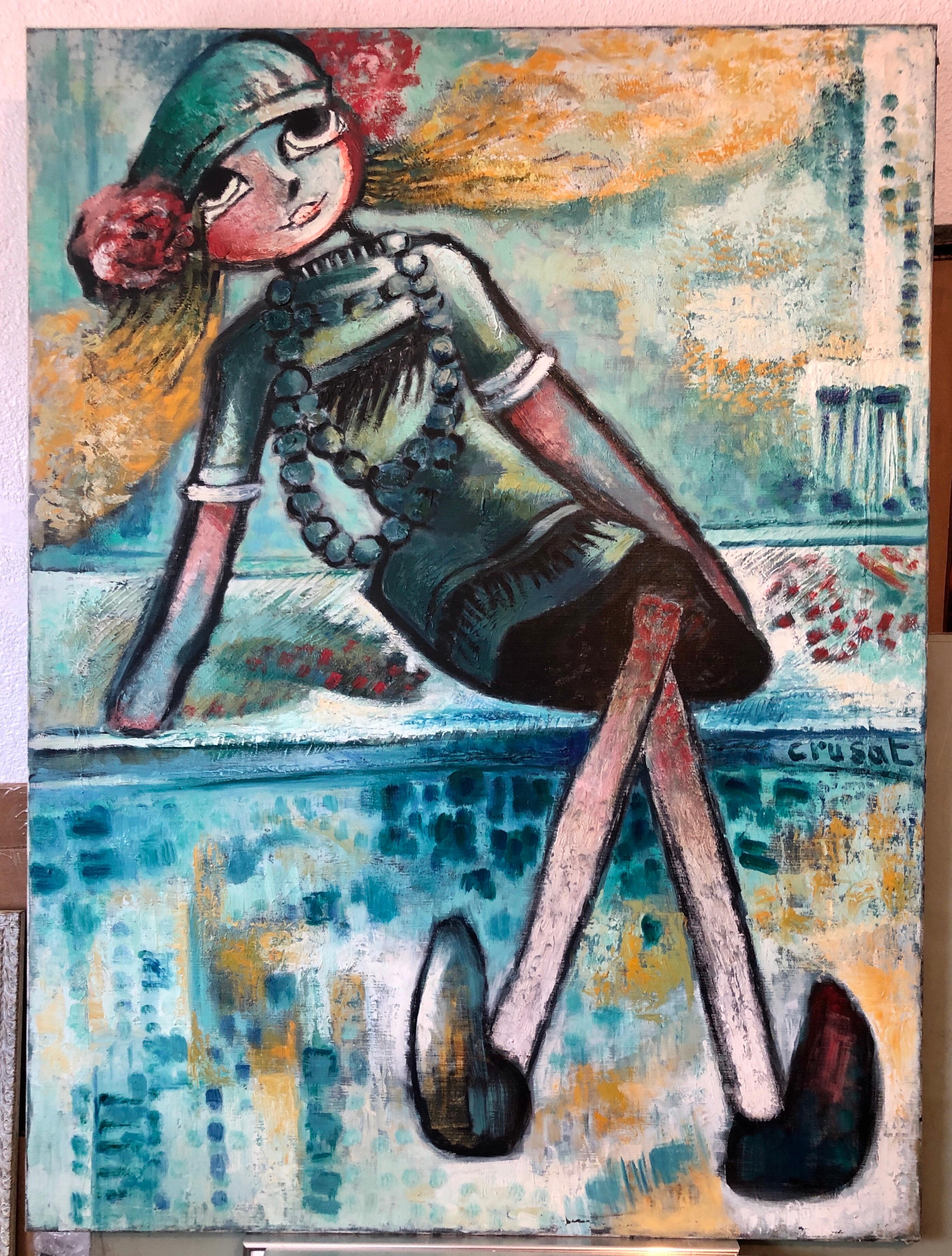 Grande peinture à l'huile expressionniste française, Fille, Poupée, Ecole de Paris  en vente 6