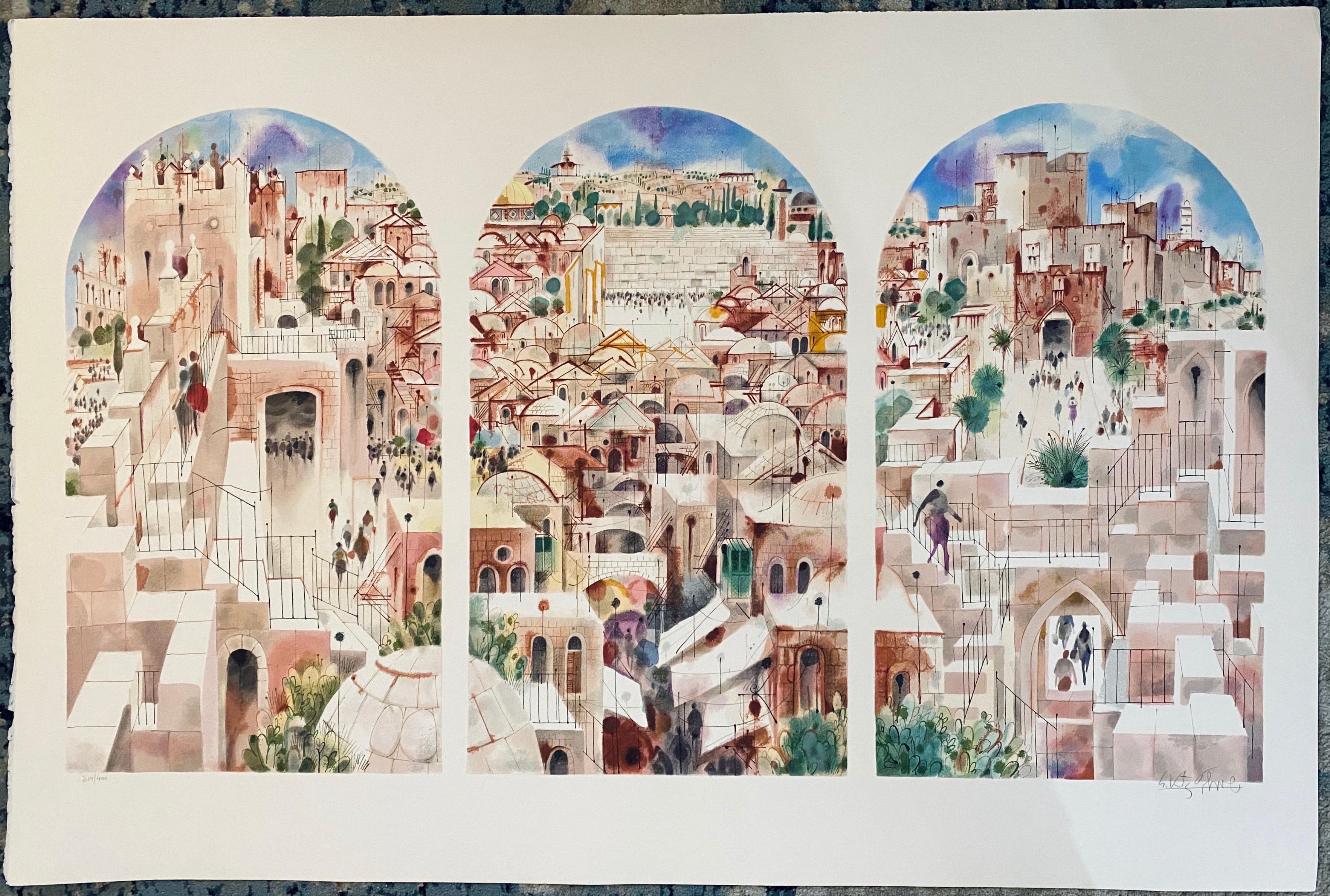 Old City Jerusalem Landscape Judaica Watercolor Painting Screen Print Lithograph - Art by Shmuel Katz