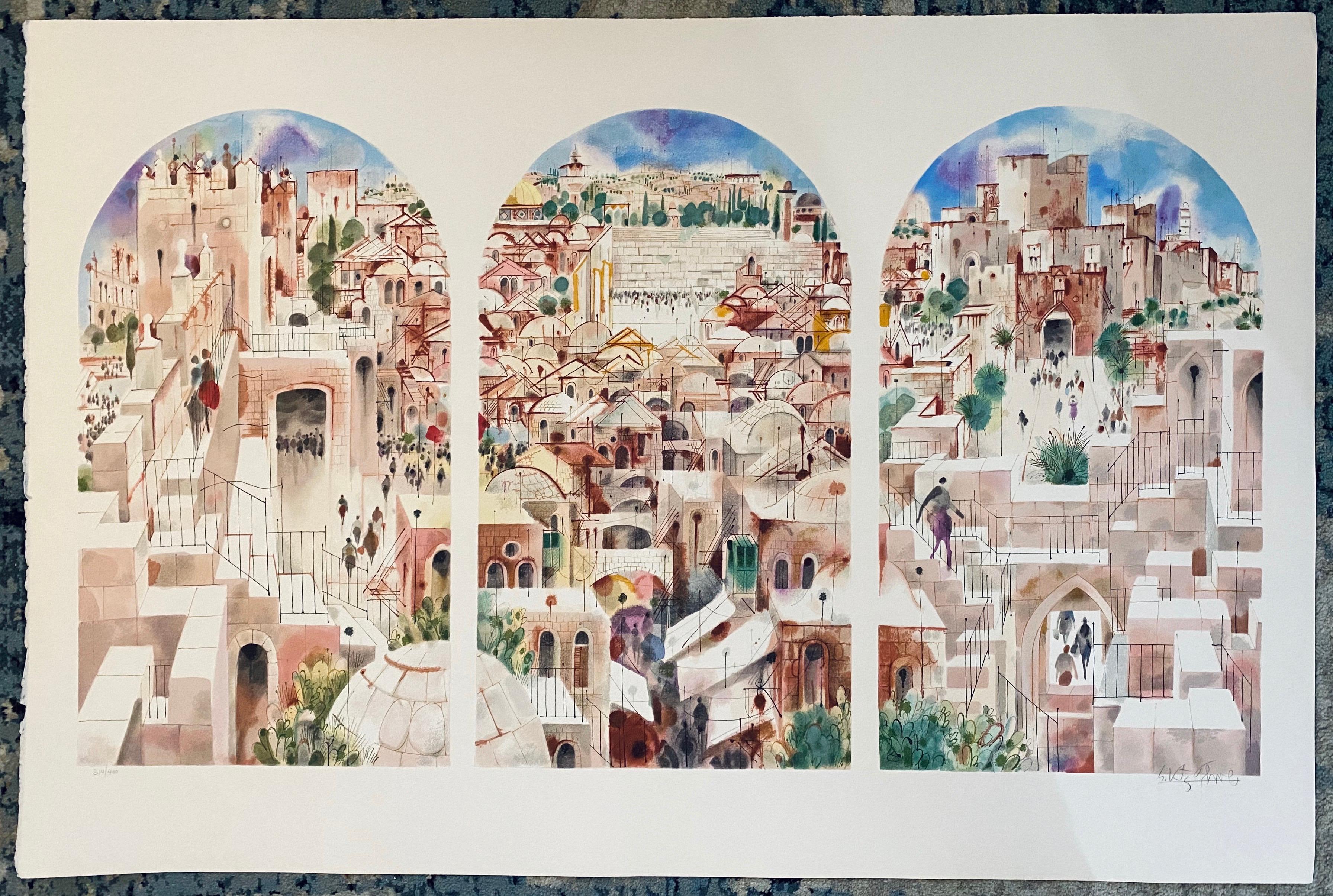 Old City Jerusalem Landscape Judaica Watercolor Painting Screen Print Lithograph 1