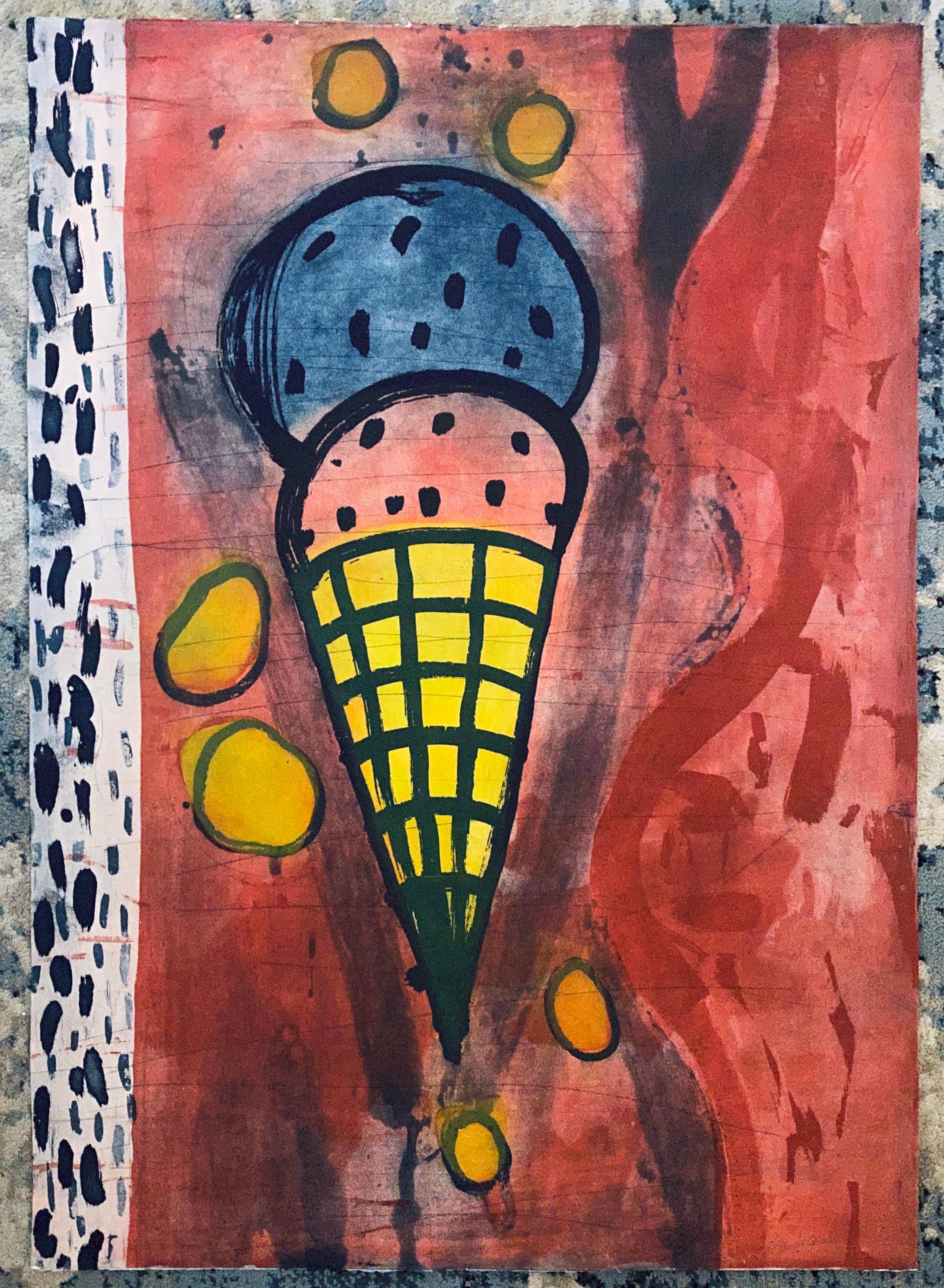 Pop Art Large Signed Aquatint Ice Cream Cone Etching - Sugar Lift & Spit Bite  - Pink Abstract Painting by Gary Goldstein 