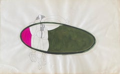 Aquarelle et encre surréaliste latino-américaine de supports mixtes - Femme tenant un sac à main