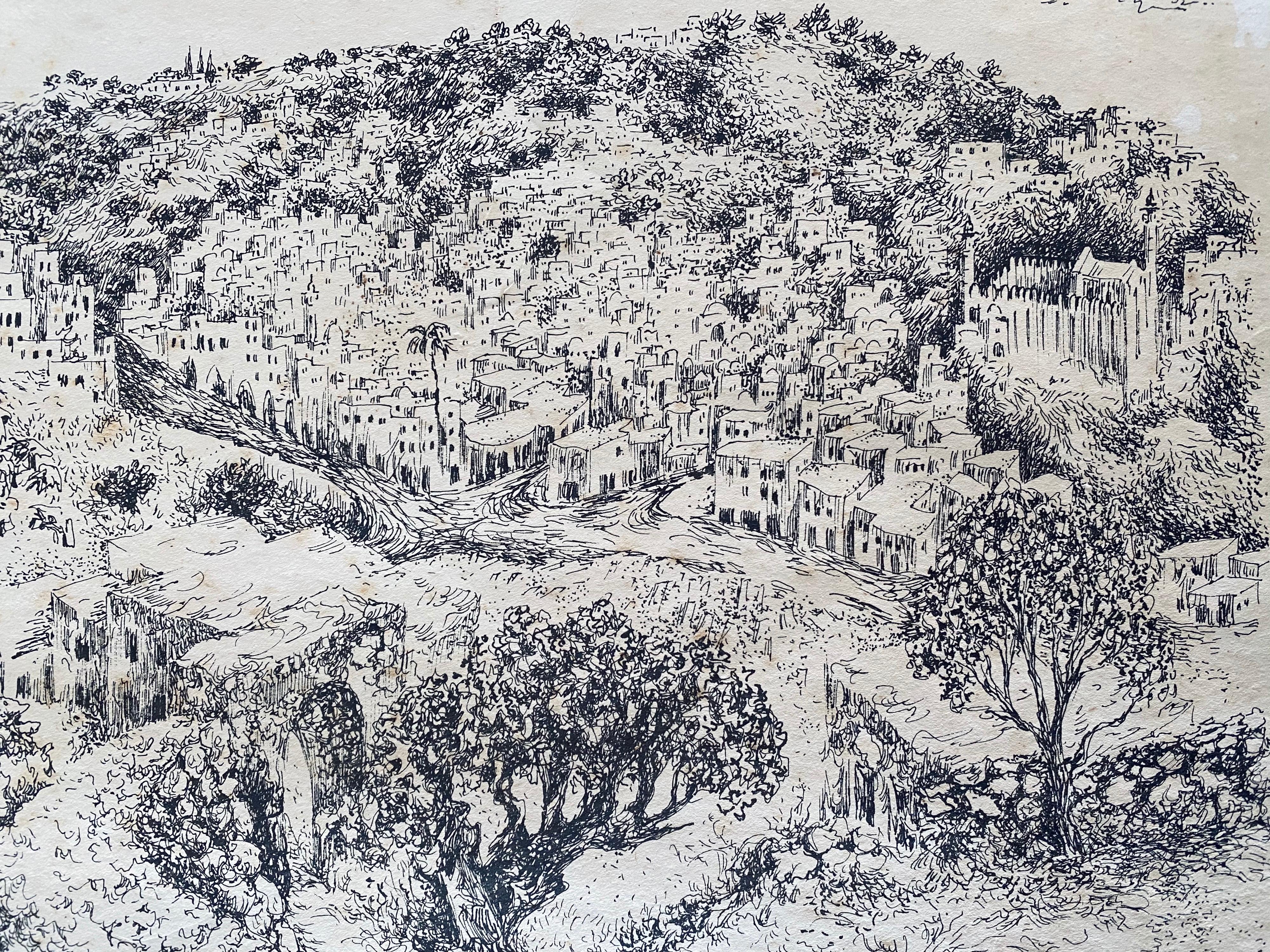 Hebron, 1969 israelische jüdische Lithographie in Mischtechnik  (Grau), Landscape Art, von Baruch Nachshon