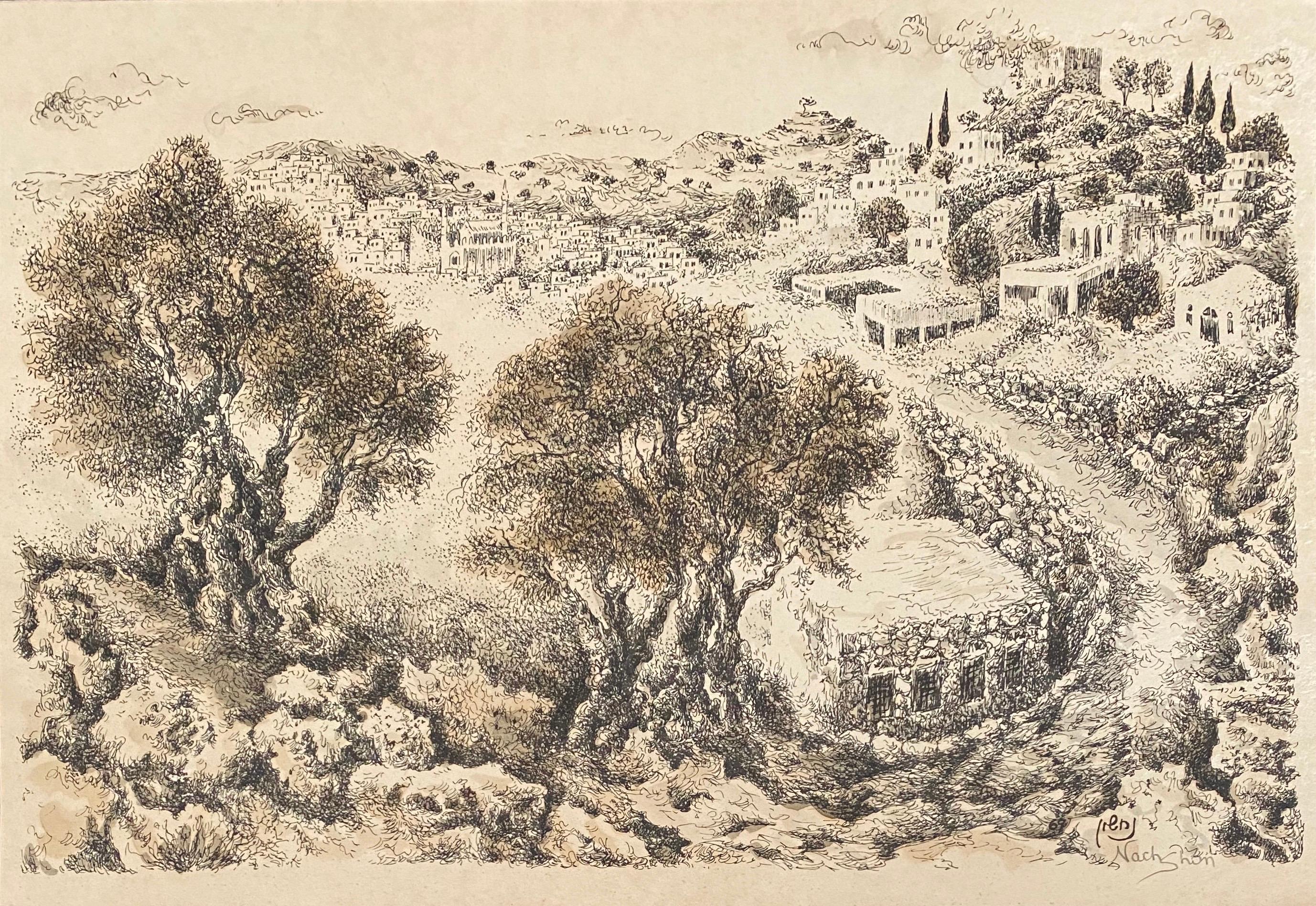 Hebron, 1969 Israeli Judaica Mixed Media Lithograph With Watercolor 