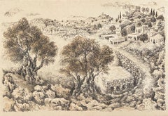 Used Hebron, 1969 Israeli Judaica Mixed Media Lithograph With Watercolor 