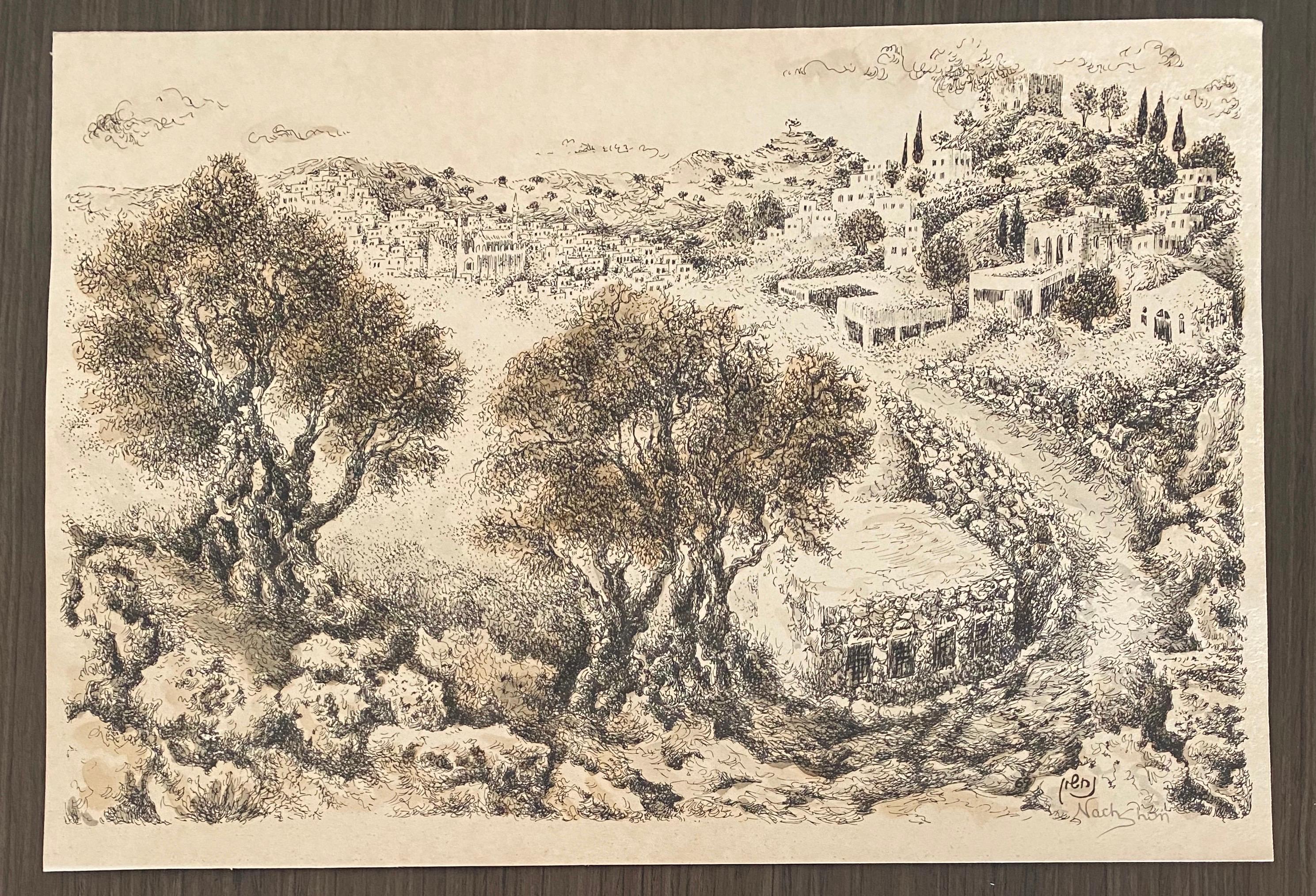 Hebron, 1969 Israeli Judaica Mixed Media Lithograph With Watercolor - Art by Baruch Nachshon