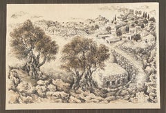 Hebron, 1969 Israeli Judaica Mixed Media Lithograph With Watercolor
