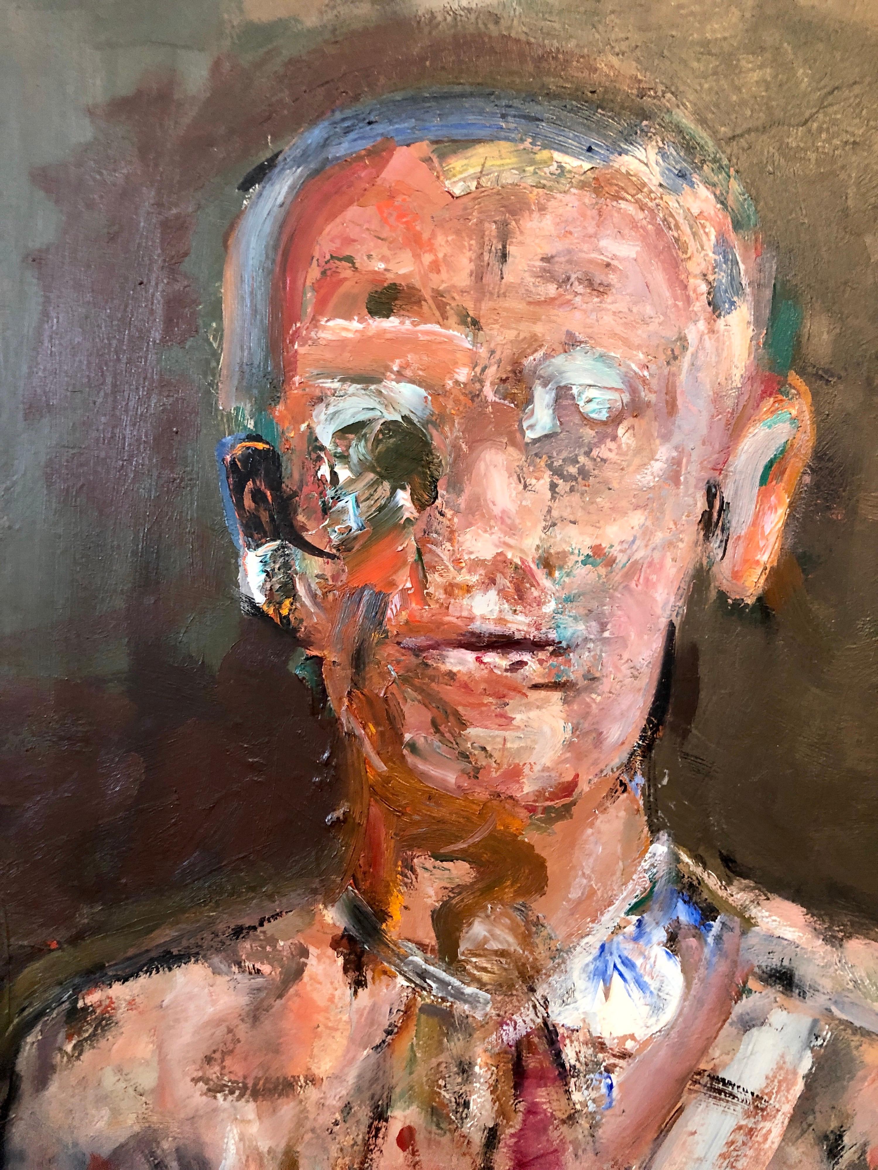 Militärischer Mann, Porträt, figuratives, abstraktes Ölgemälde, amerikanischer modernistischer Künstler (Braun), Figurative Painting, von Dean Richardson