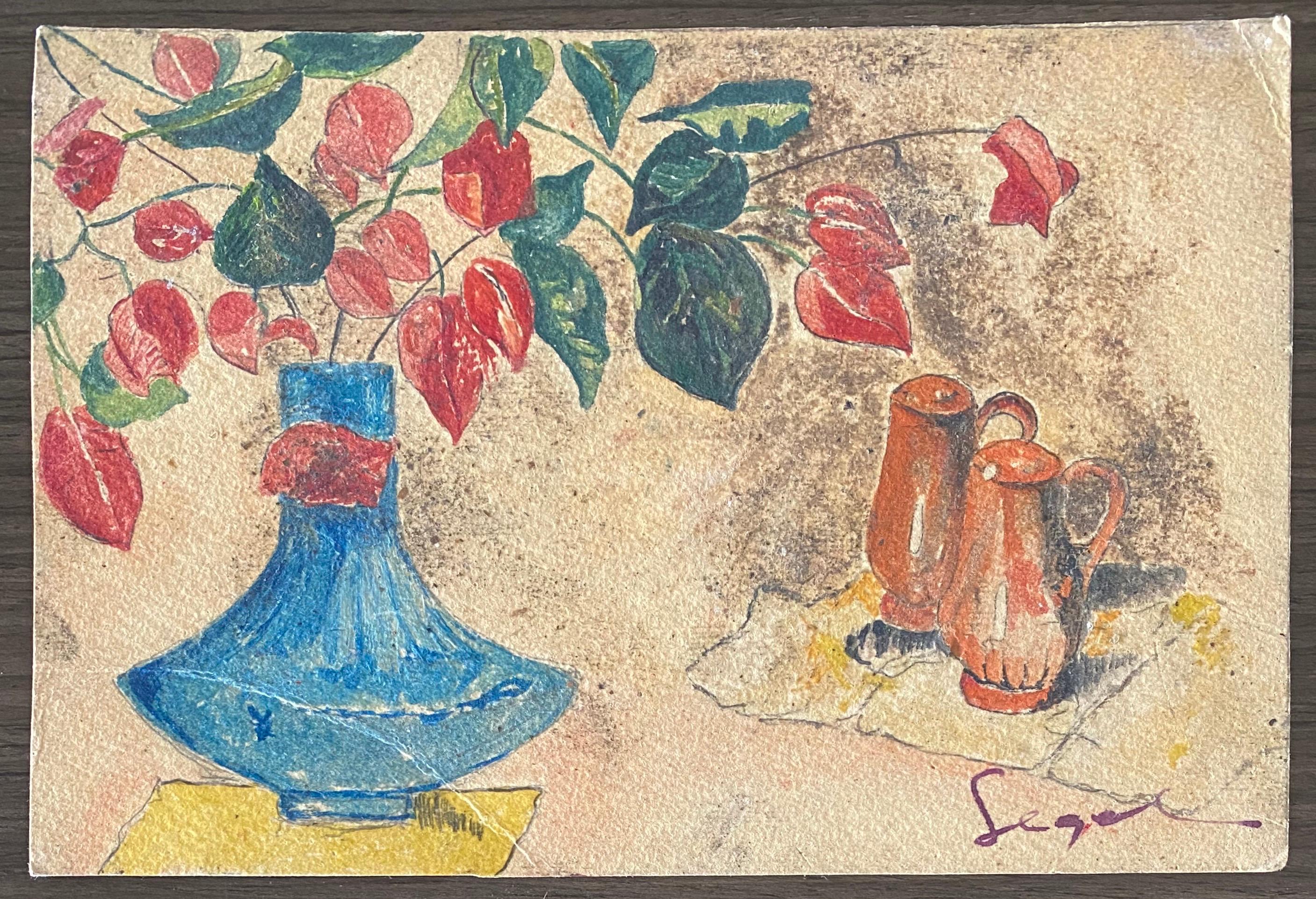 Russian Expressionist Artist Flowers Etching  - Beige Figurative Print by Wladimir Sagal