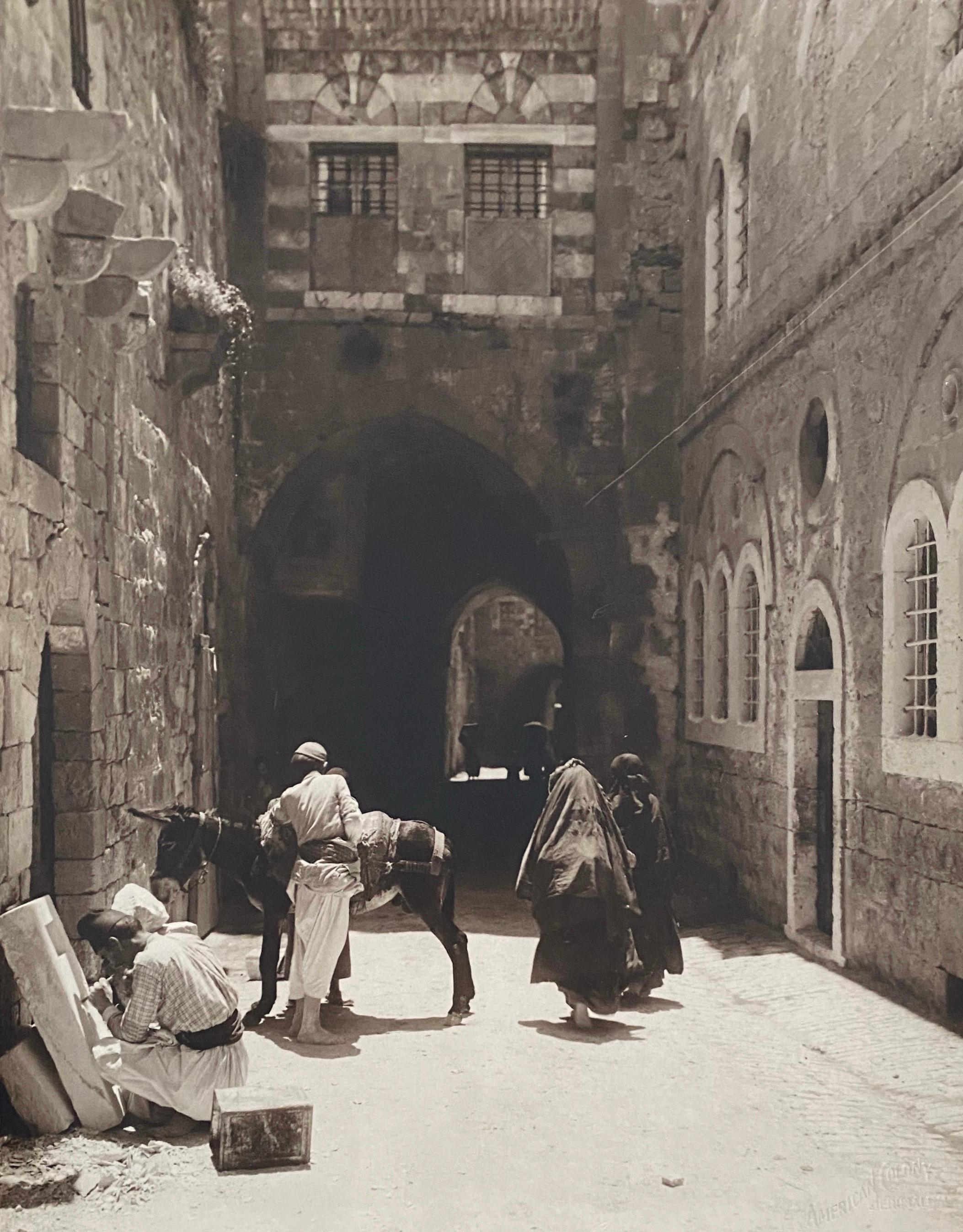 American Colony Jerusalem Black and White Photograph - Vintage Large Albumen Photo Jerusalem - House Of The "Rich Man"