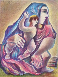 Lithuanian Artist Colored Lithograph Mother And Son - Boris Deutsch 