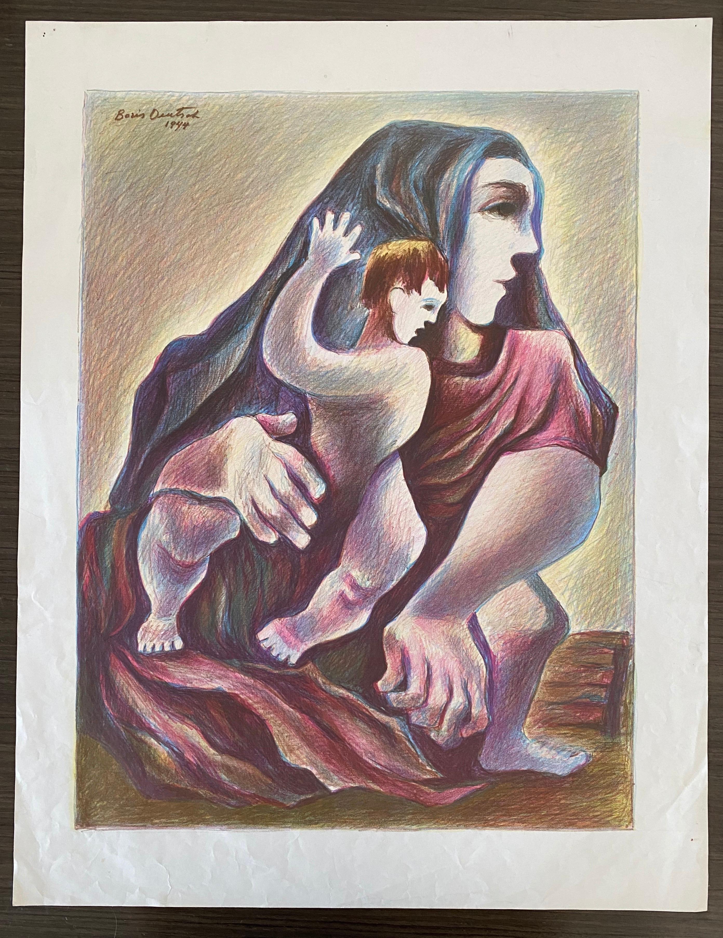 Lithuanian Artist Colored Lithograph Mother And Son - Boris Deutsch  For Sale 4