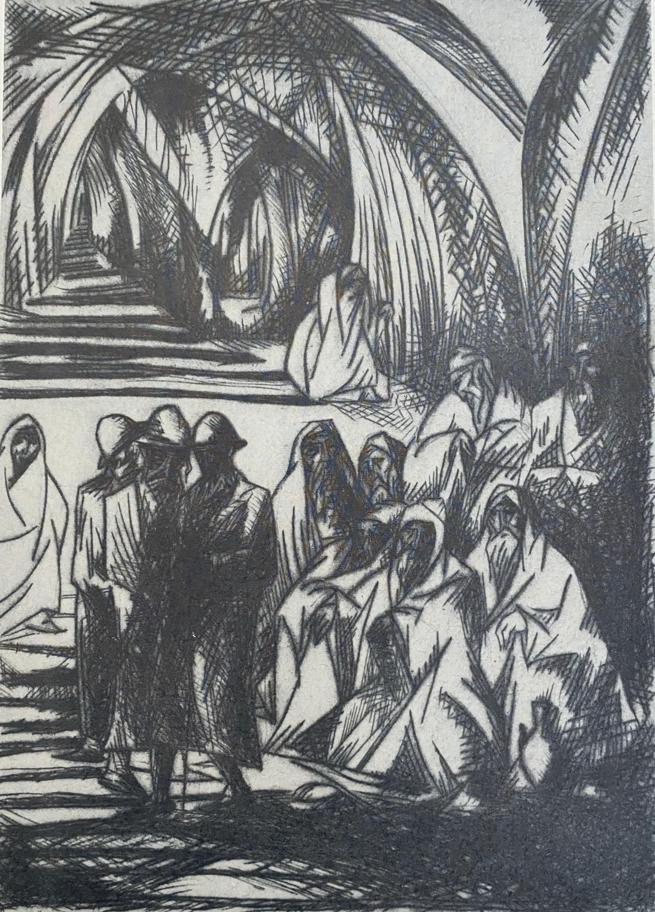  Bezalel-Schule Jerusalem Israelische Judaica-Radierung - Beggars  (Post-Impressionismus), Art, von Isaac Lichtenstein