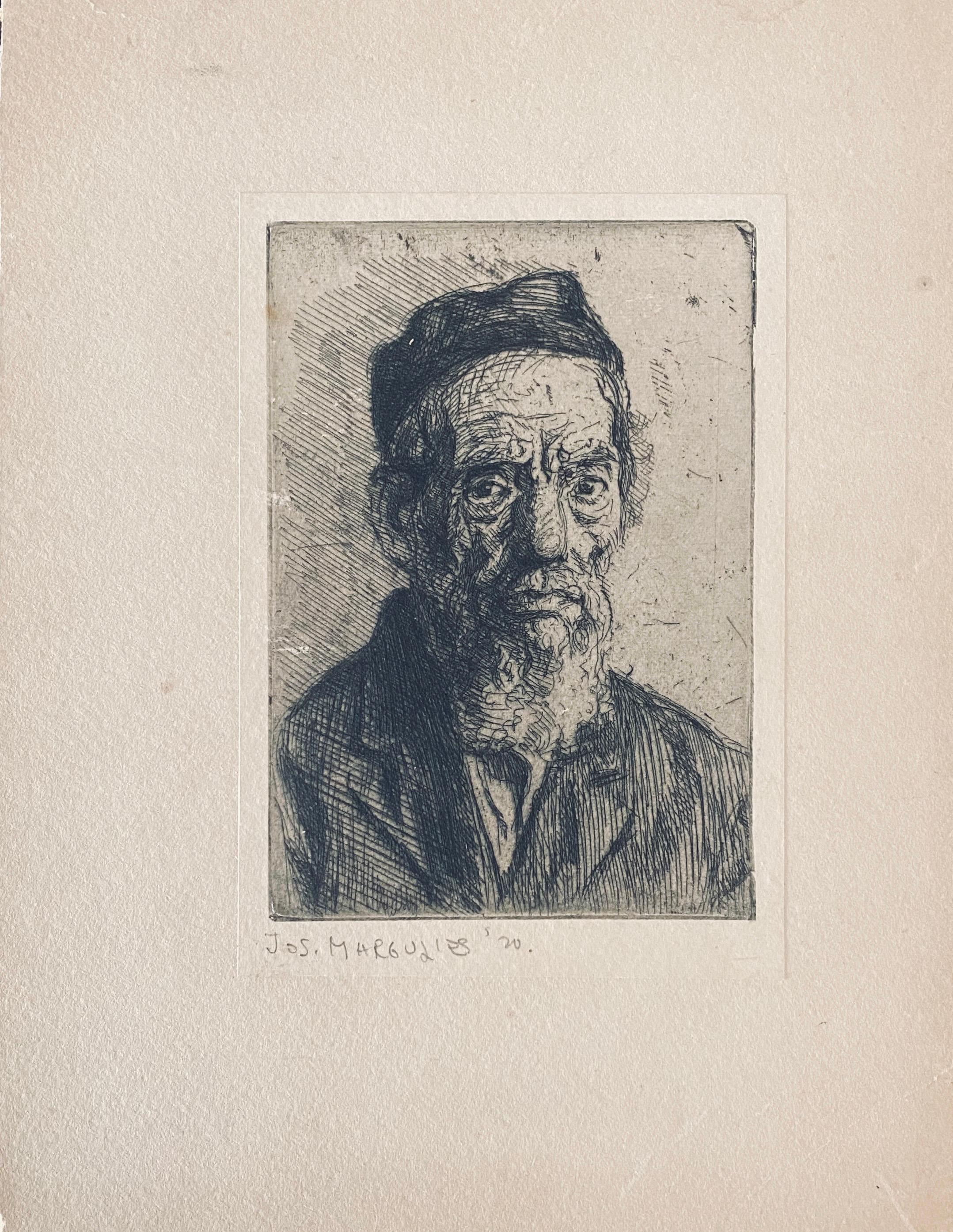 1920 Austrian American Artist Judaica Portrait Etching Jewish Rabbi Antique Art - Print by Joseph Margulies