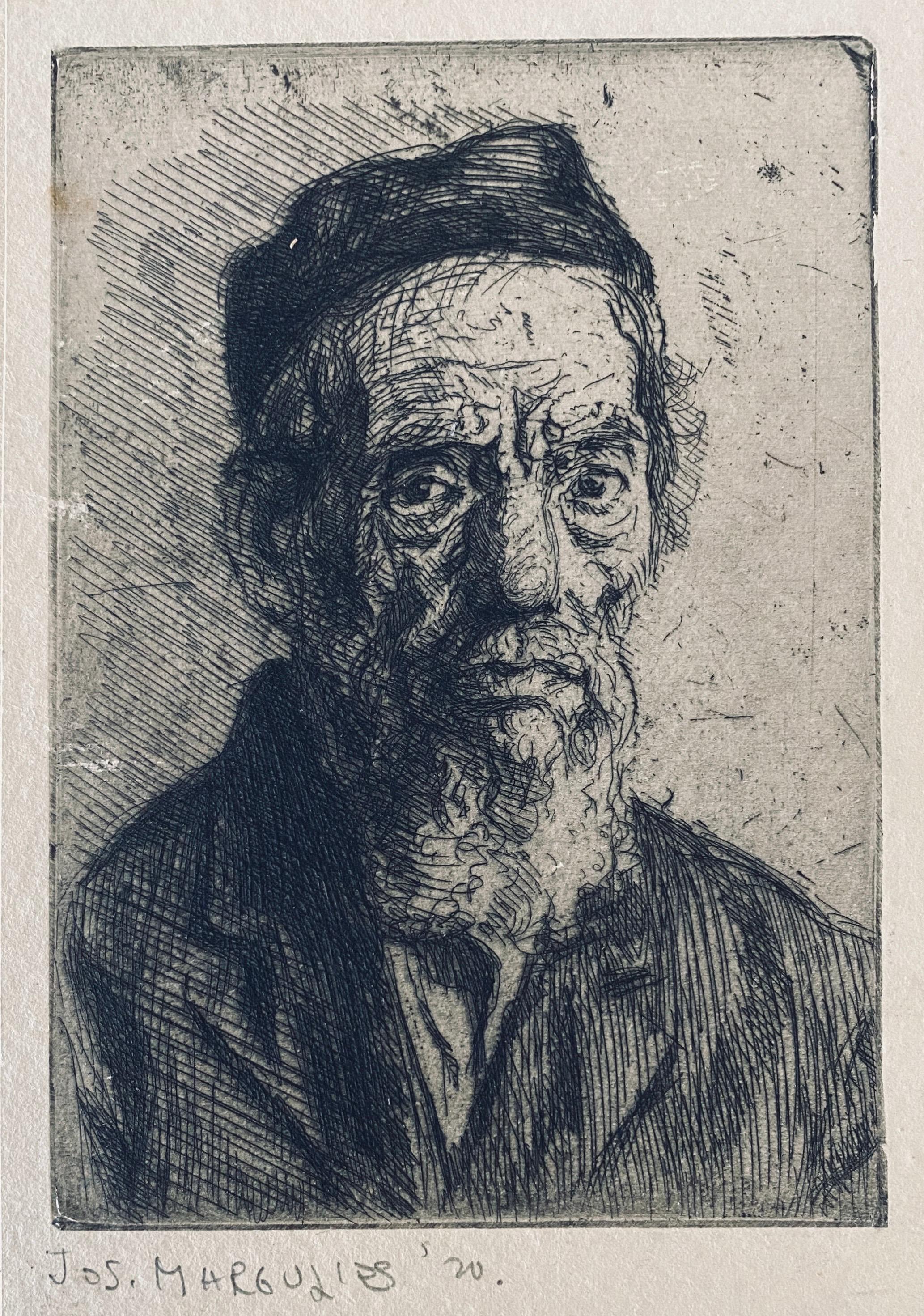 Joseph Margulies Portrait Print - 1920 Austrian American Artist Judaica Portrait Etching Jewish Rabbi Antique Art