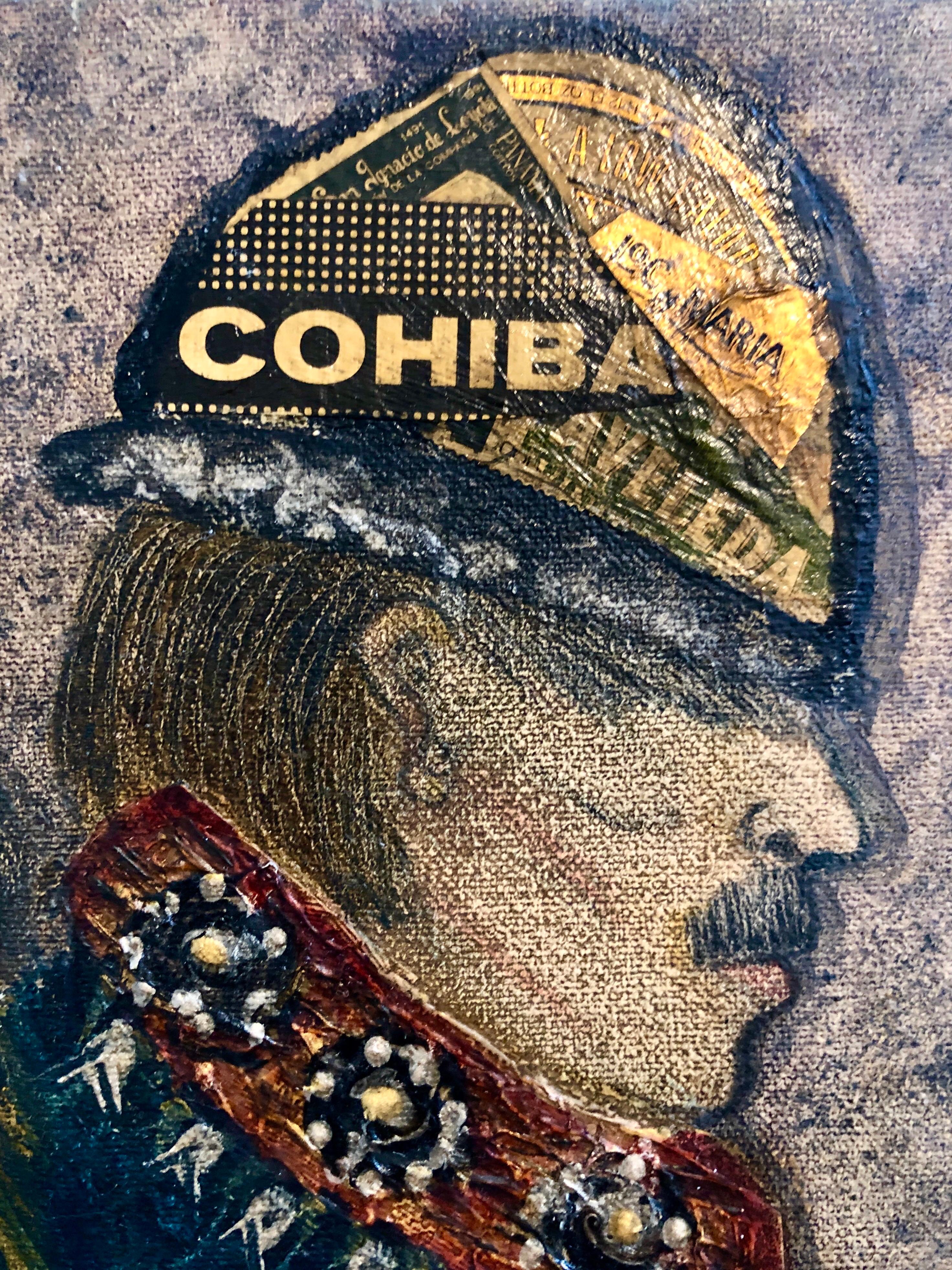This painting is a mixed media textured collage with oil paint, cigar labels, currency and assemblage on canvas. 
Titled: coleccionistas de recuerdos, souvenir collectors
 It is signed recto and signed and titled verso.

Ramon Carulla, born in