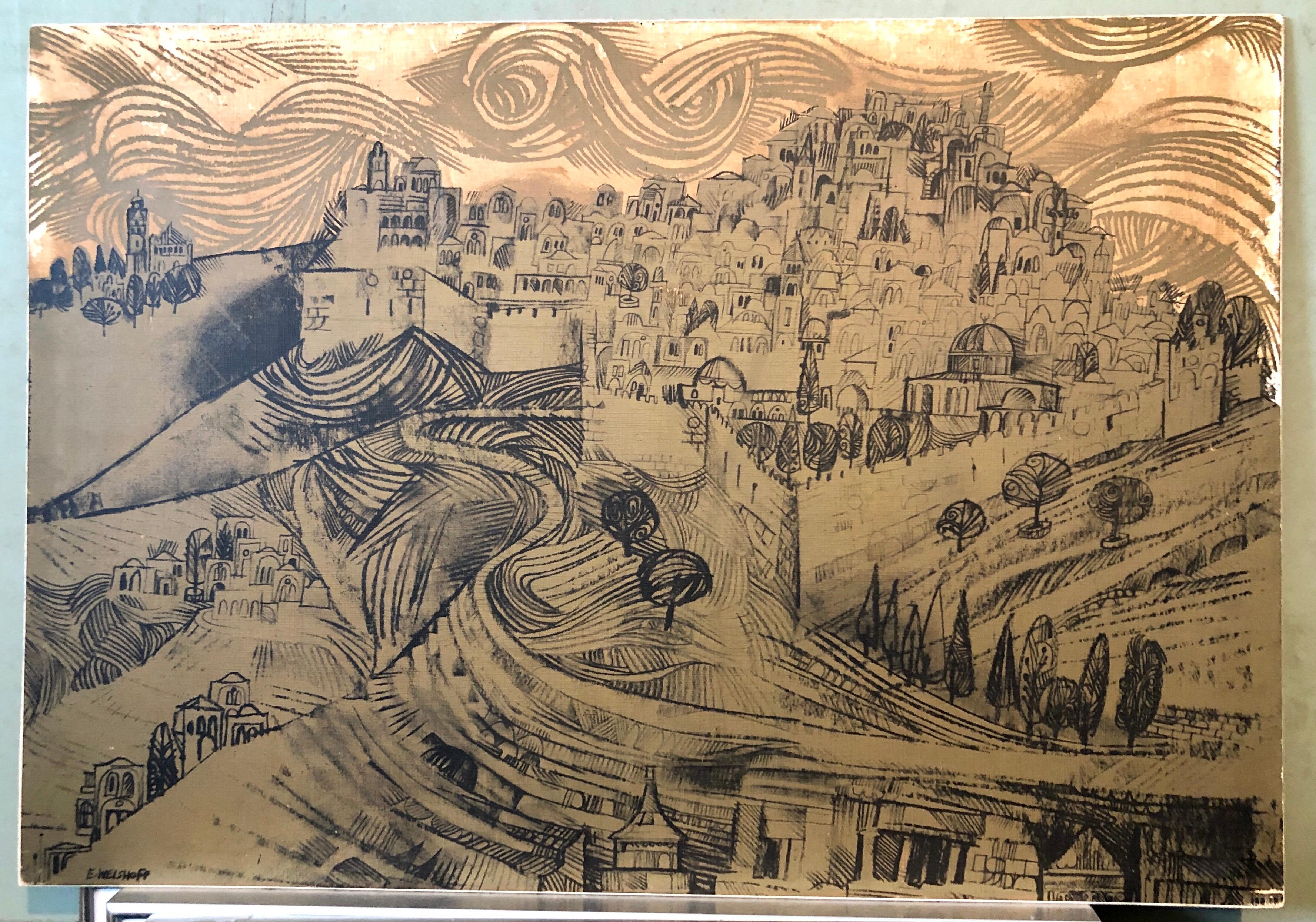 Mixed Media Jerusalem Silkscreen Serigraph Print Mounted to Wood Israeli Judaica 2