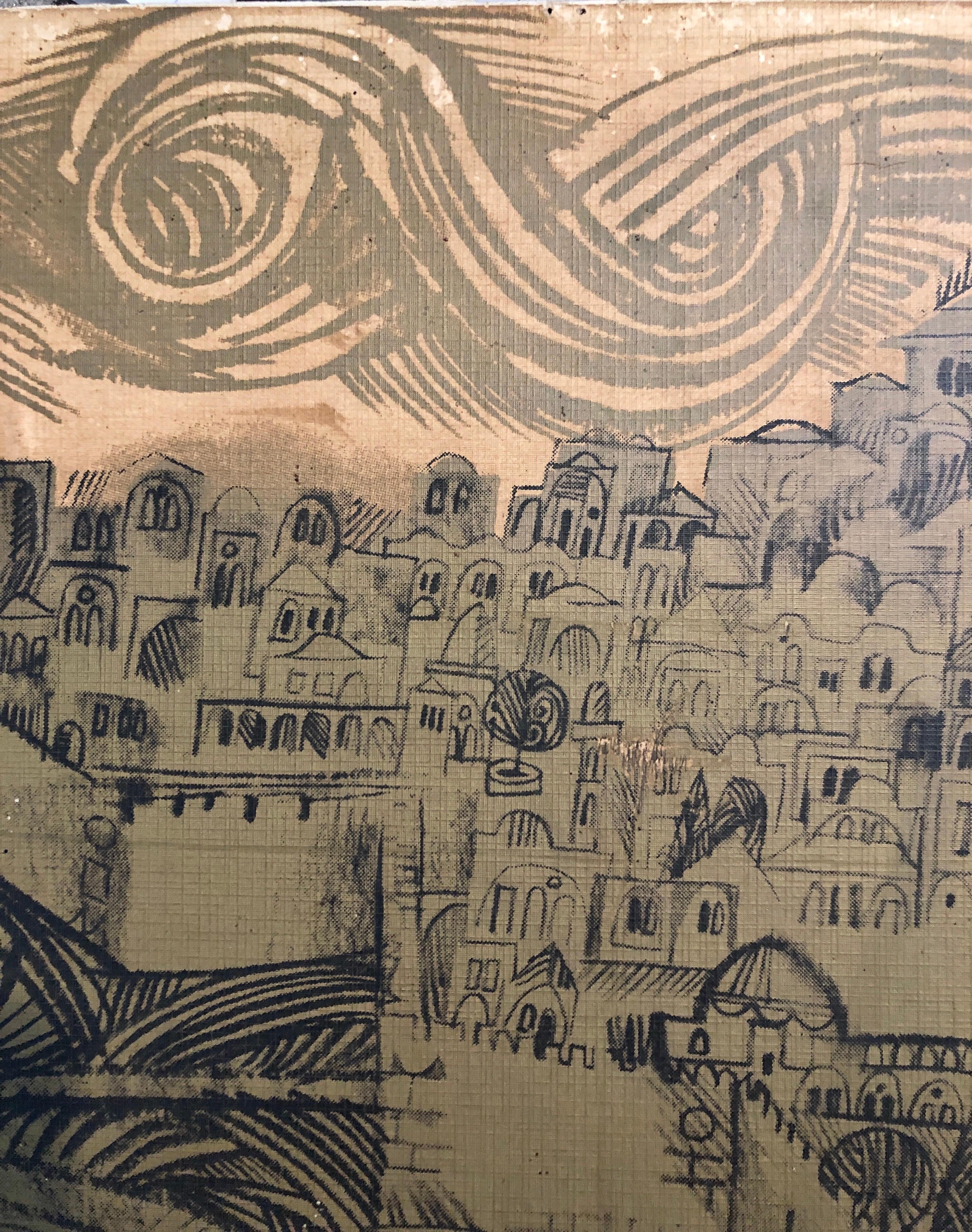 Vintage 1970s graphic art poster print of Jerusalem by Eliezer Weishoff, printed in Israel by Shohar Print House. Black, white and gold. Silkscreen on heavy paper mounted to wood panel.

Printed artist signature.Eliezer Weishoff (Hebrew: אליעזר