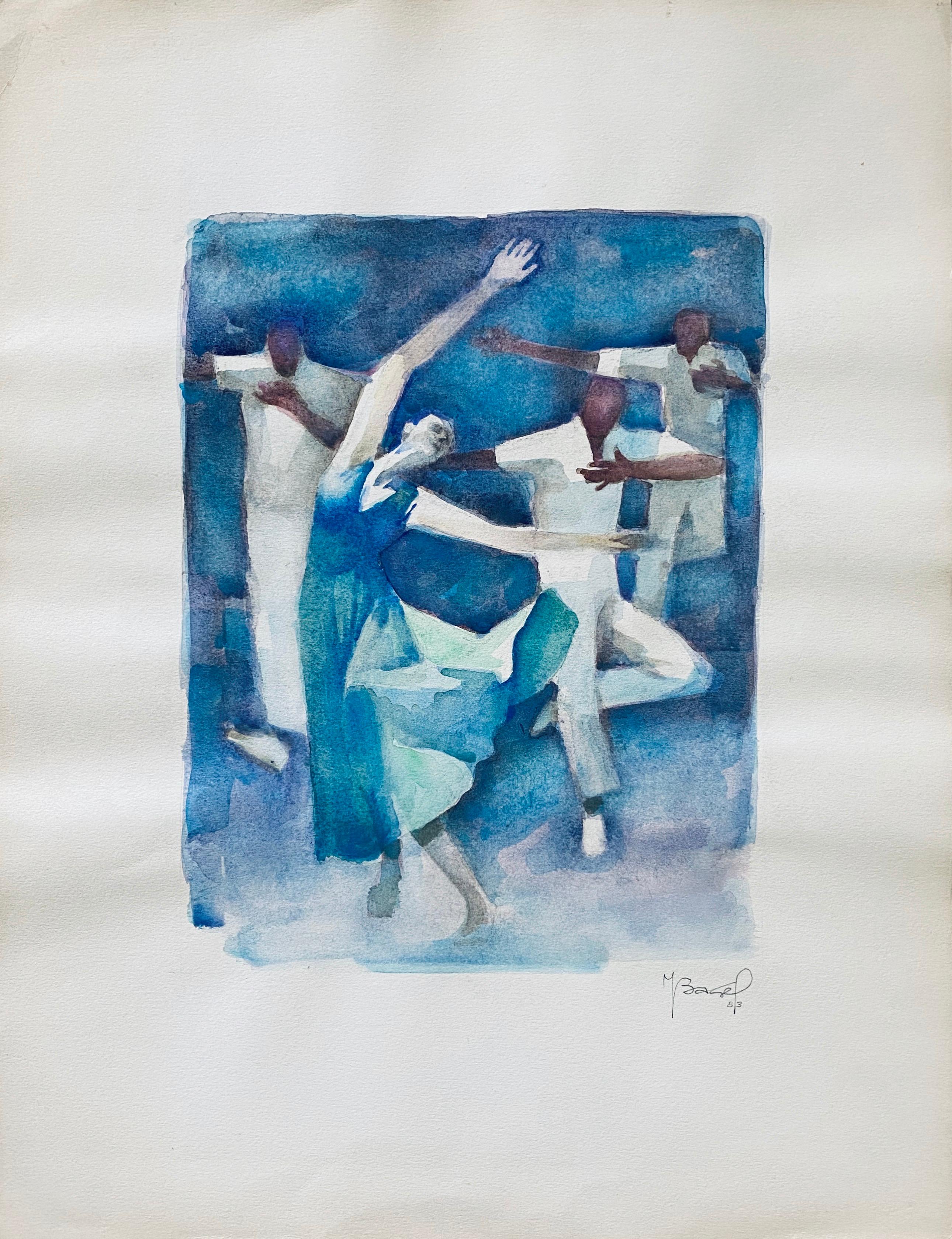 Aquarelle, gouache et peinture judaïque française d'origine du Bauhaus Yiddish Art - Bleu Figurative Art par Moses Bagel Bahelfer