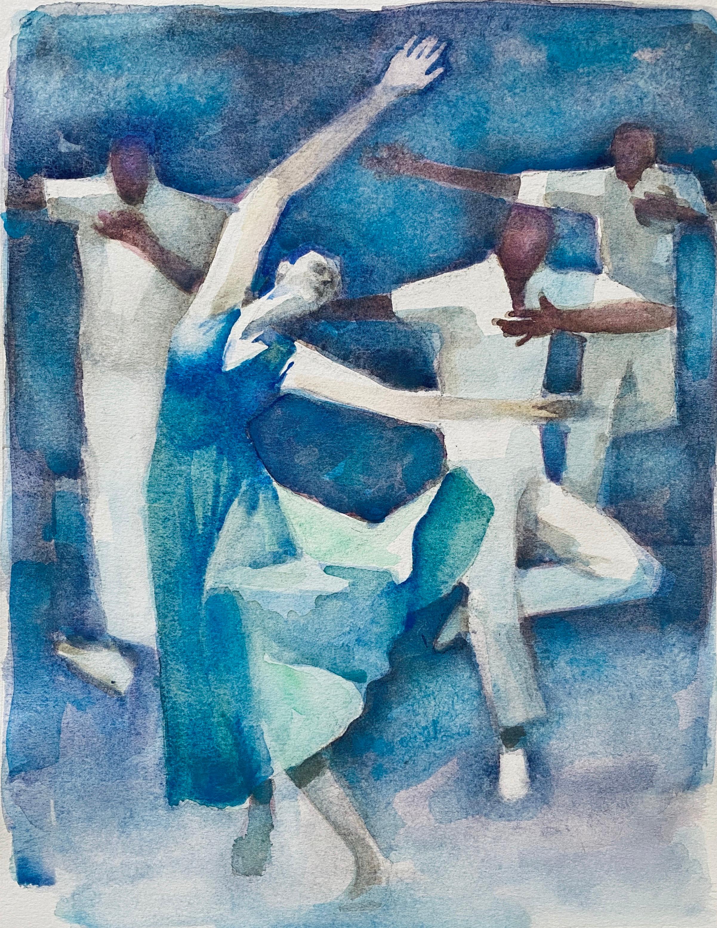 Polnisches französisches Judaica Aquarell Gouache-Gemälde Original Bauhaus Yiddish Kunst, Original (Blau), Figurative Art, von Moses Bagel Bahelfer