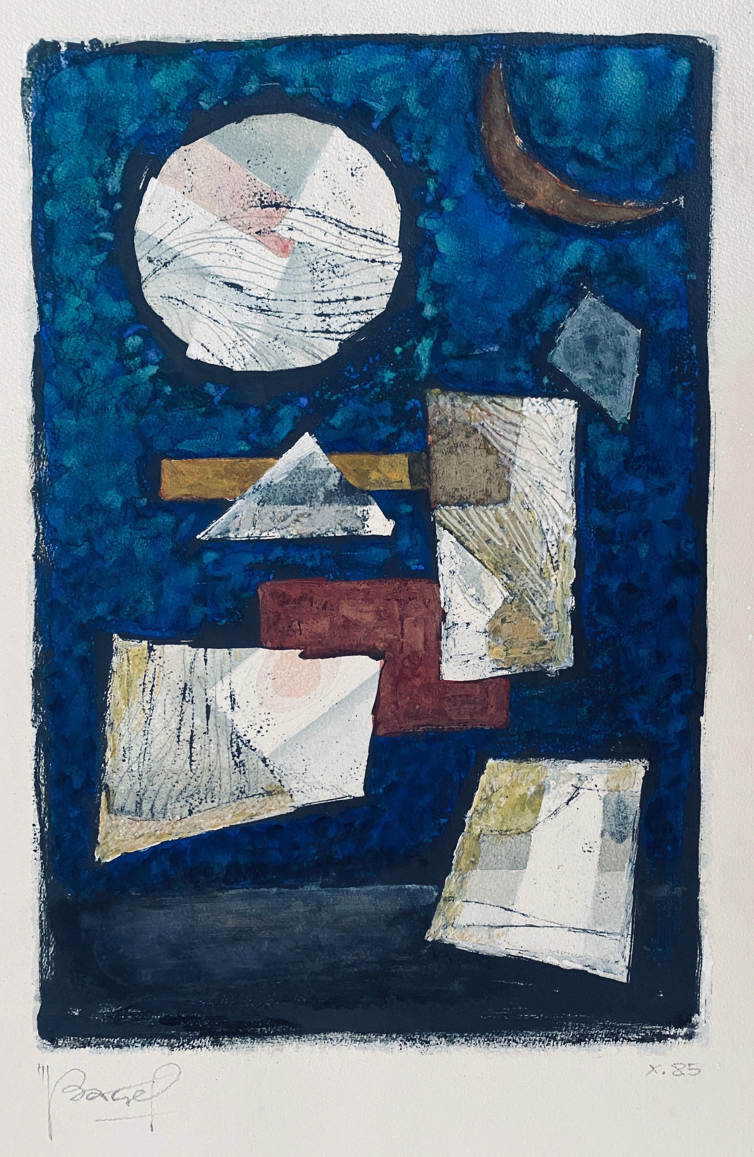 Aquarelle à la gouache judaïque polonaise d'origine du Bauhaus, Art Yiddish - Bleu Abstract Drawing par Moses Bagel Bahelfer