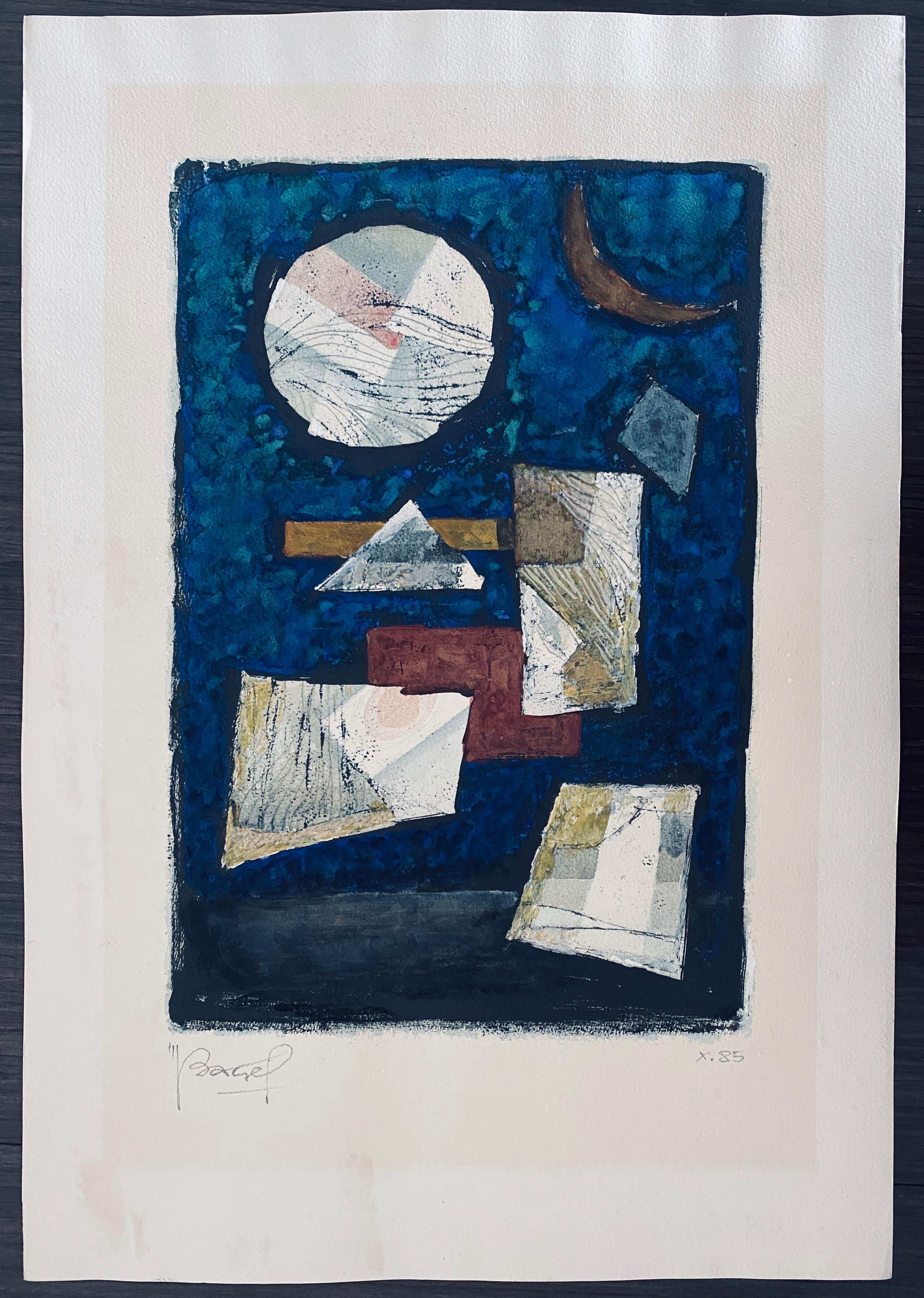 Polnisch-Französische Judaica Aquarell Gouache Gemälde Original Bauhaus Yiddish Kunst (Blau), Abstract Drawing, von Moses Bagel Bahelfer