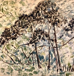 Peinture à l'huile israélienne abstraite d'un artiste de Kibbutz représentant des arbres de la forêt de Jérusalem, style judaïque
