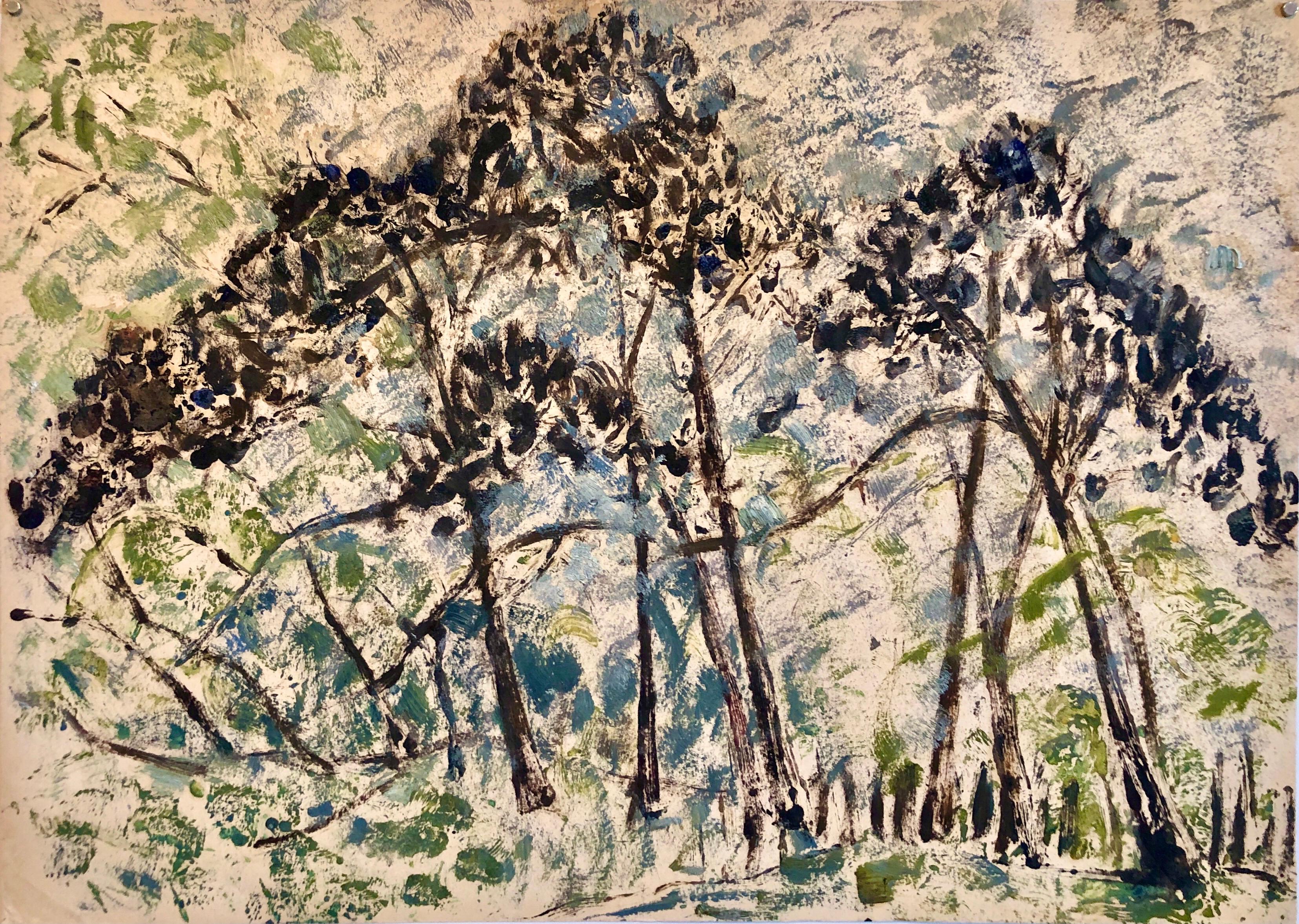Yitzhak Greenfield Landscape Painting - Kibbutz Artist Abstract Jerusalem Forest Trees Israeli Oil Painting Judaica