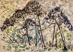 Peinture à l'huile israélienne abstraite d'un artiste de Kibbutz représentant des arbres de la forêt de Jérusalem, style judaïque