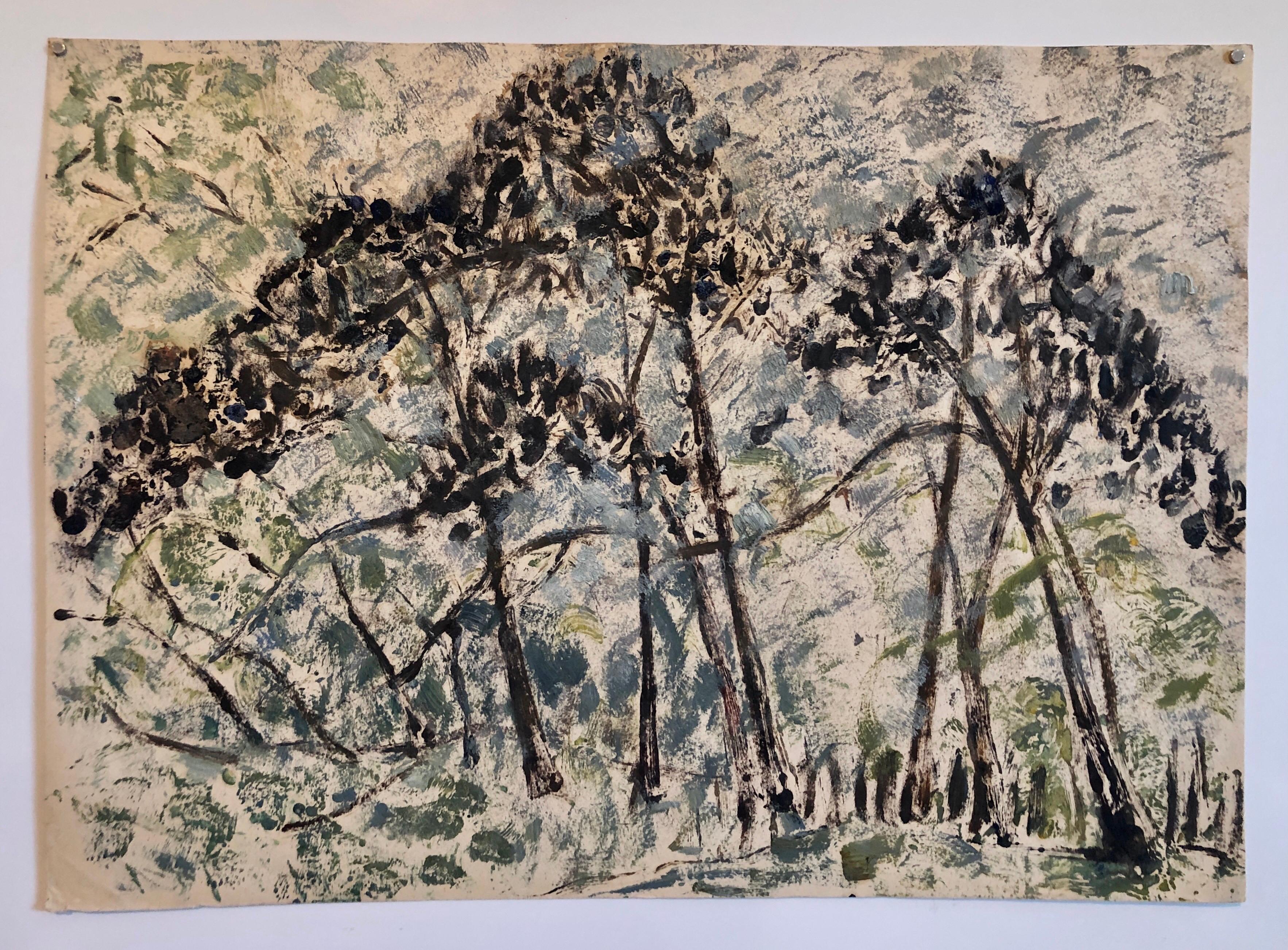 Kibbutz Artist Abstract Jerusalem Forest Trees Israeli Oil Painting Judaica - Brown Landscape Painting by Yitzhak Greenfield