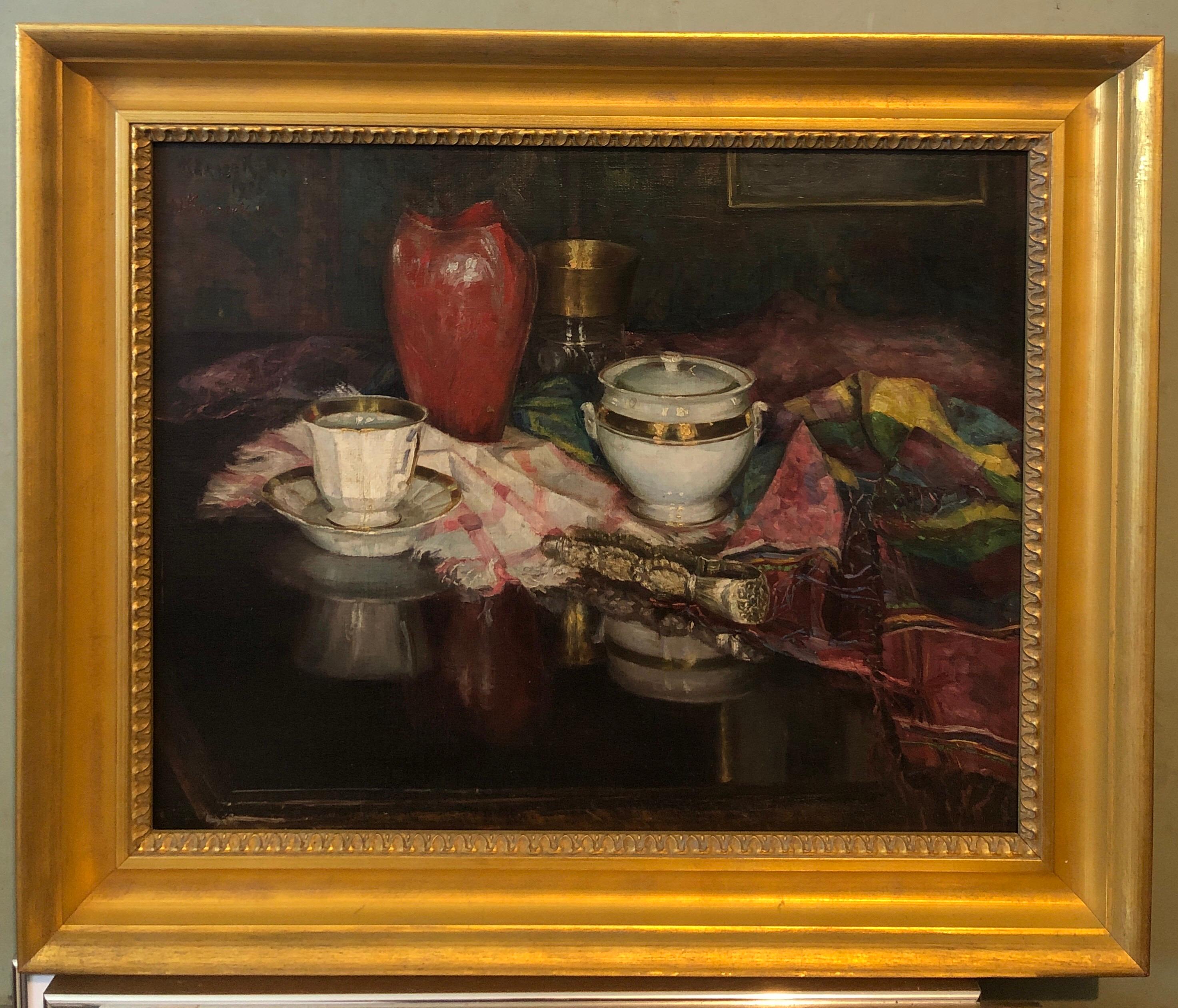 1925 Peinture à l'huile viennoise Nature morte d'intérieur avec vase en porcelaine, tapis en tapisserie en vente 4