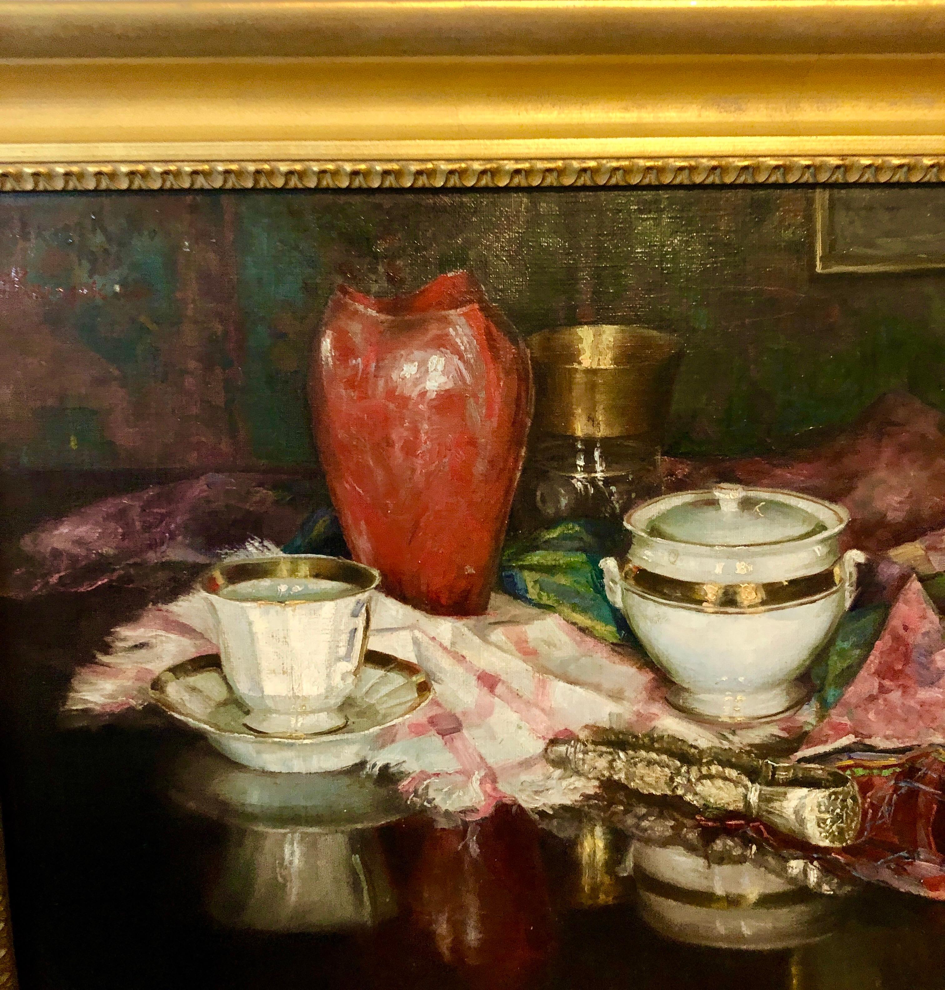 1925 Peinture à l'huile viennoise Nature morte d'intérieur avec vase en porcelaine, tapis en tapisserie en vente 8