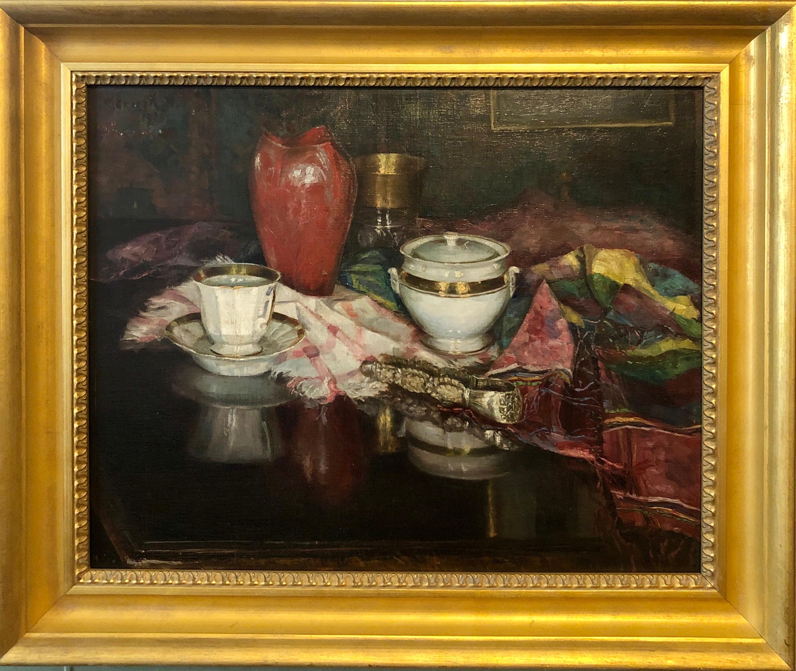 1925 Peinture à l'huile viennoise Nature morte d'intérieur avec vase en porcelaine, tapis en tapisserie en vente 9