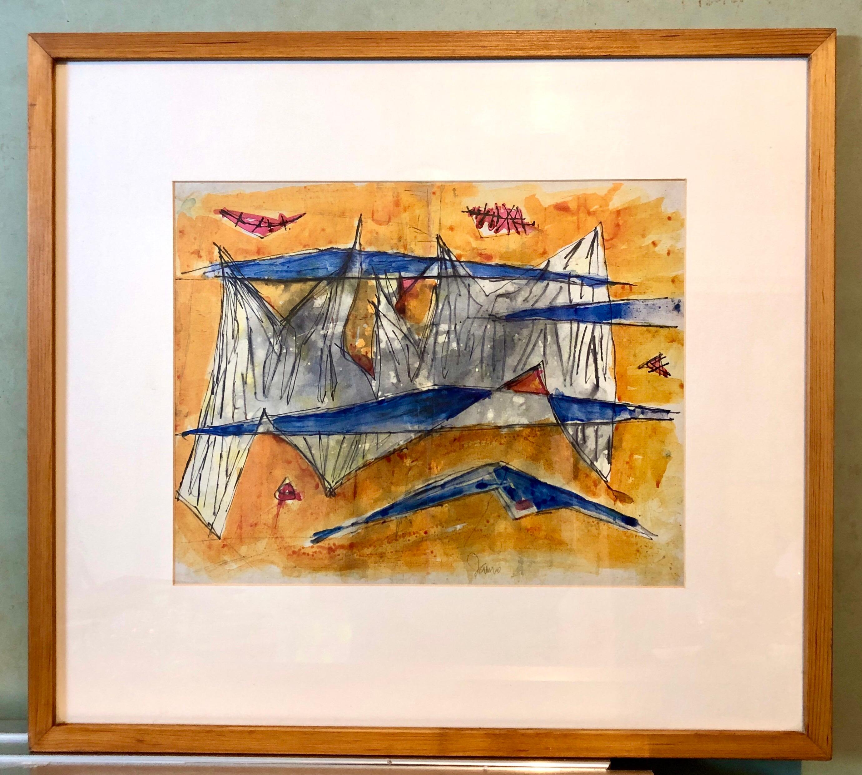 Rare Dada Artist Israeli Watercolor Painting Abstract  Landscape Marcel Janco 2