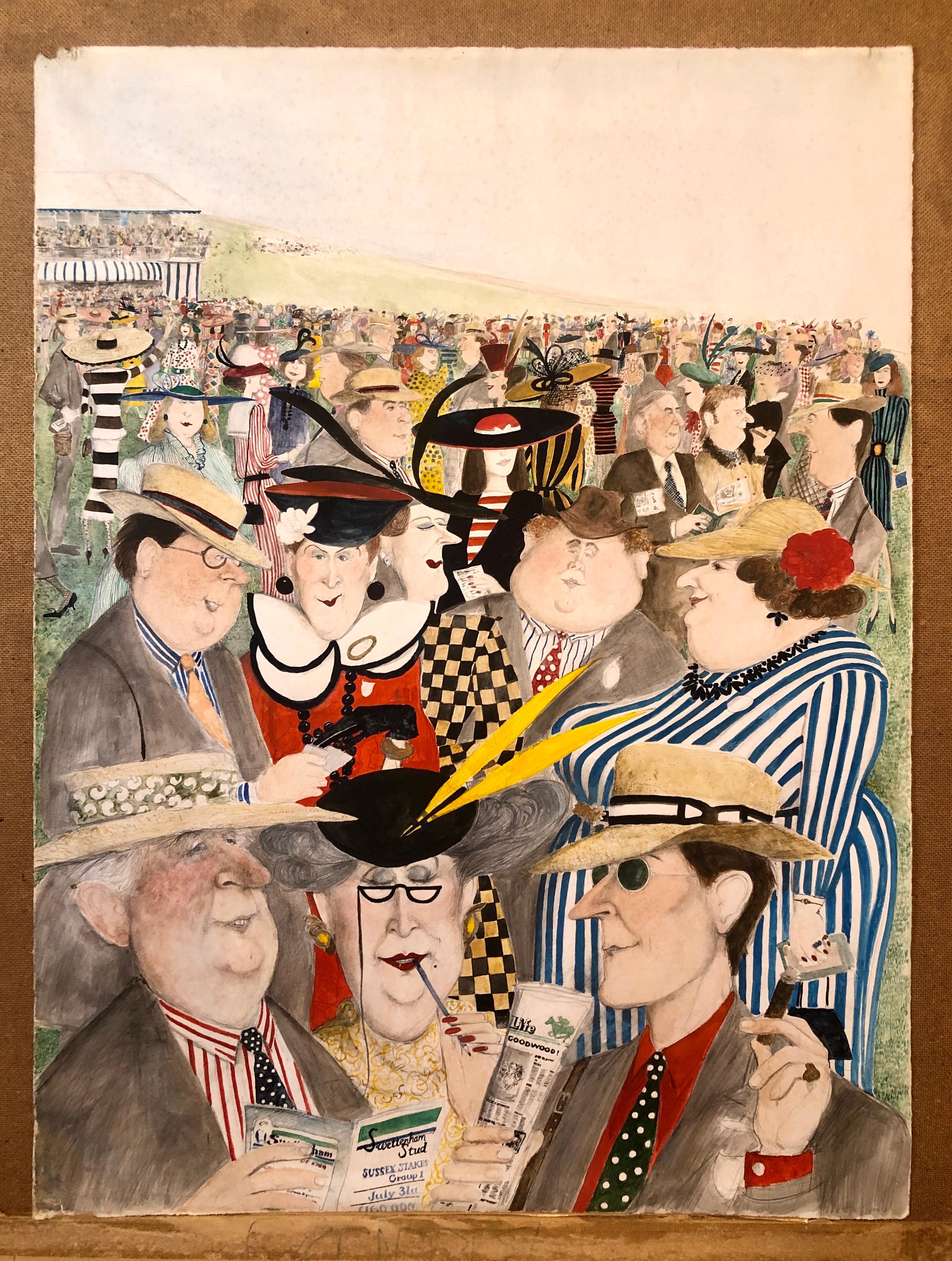 Rare grande aquarelle d'art originale d'illustration britannique « Horse Races » en vente 12