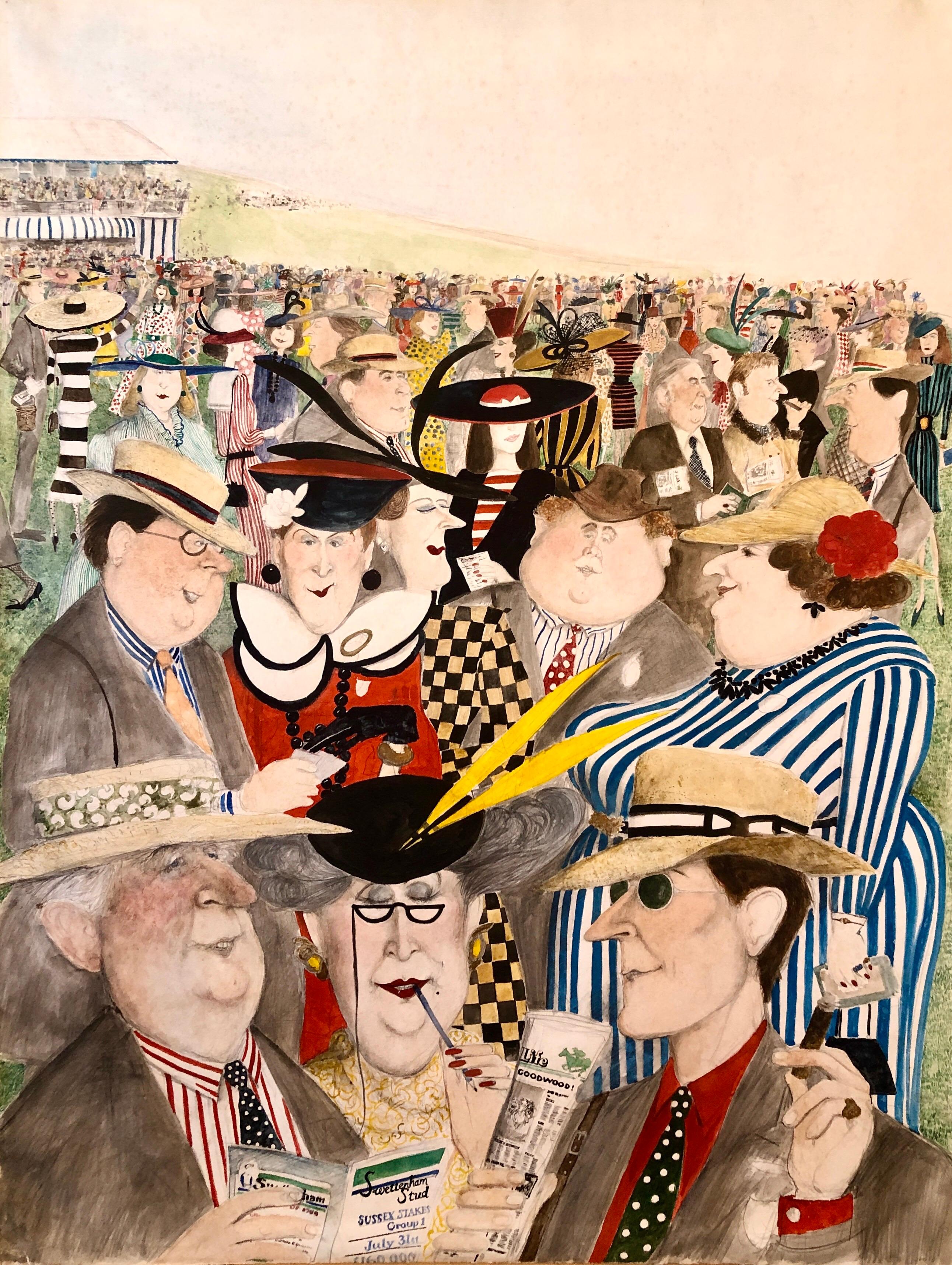 Rare Large Original British Illustration Art Watercolor Painting "Horse Races"