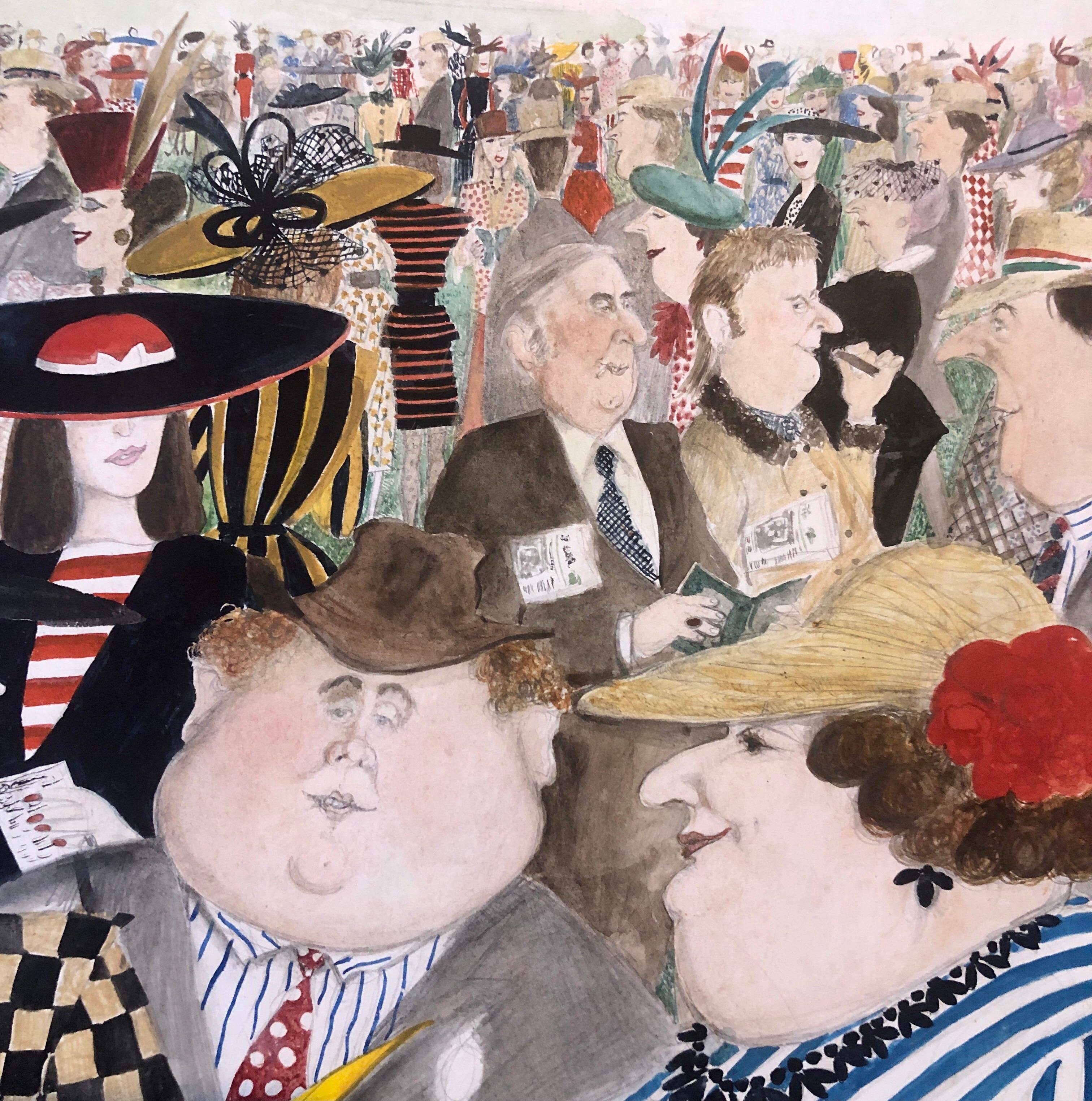 Rare grande aquarelle d'art originale d'illustration britannique « Horse Races » en vente 4