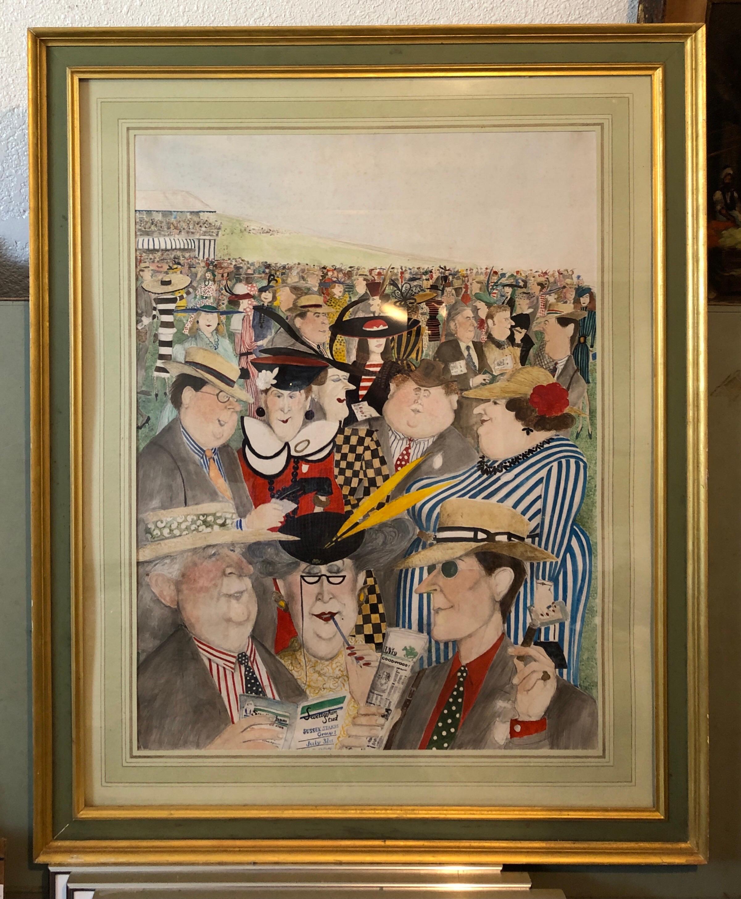 Rare grande aquarelle d'art originale d'illustration britannique « Horse Races » en vente 13