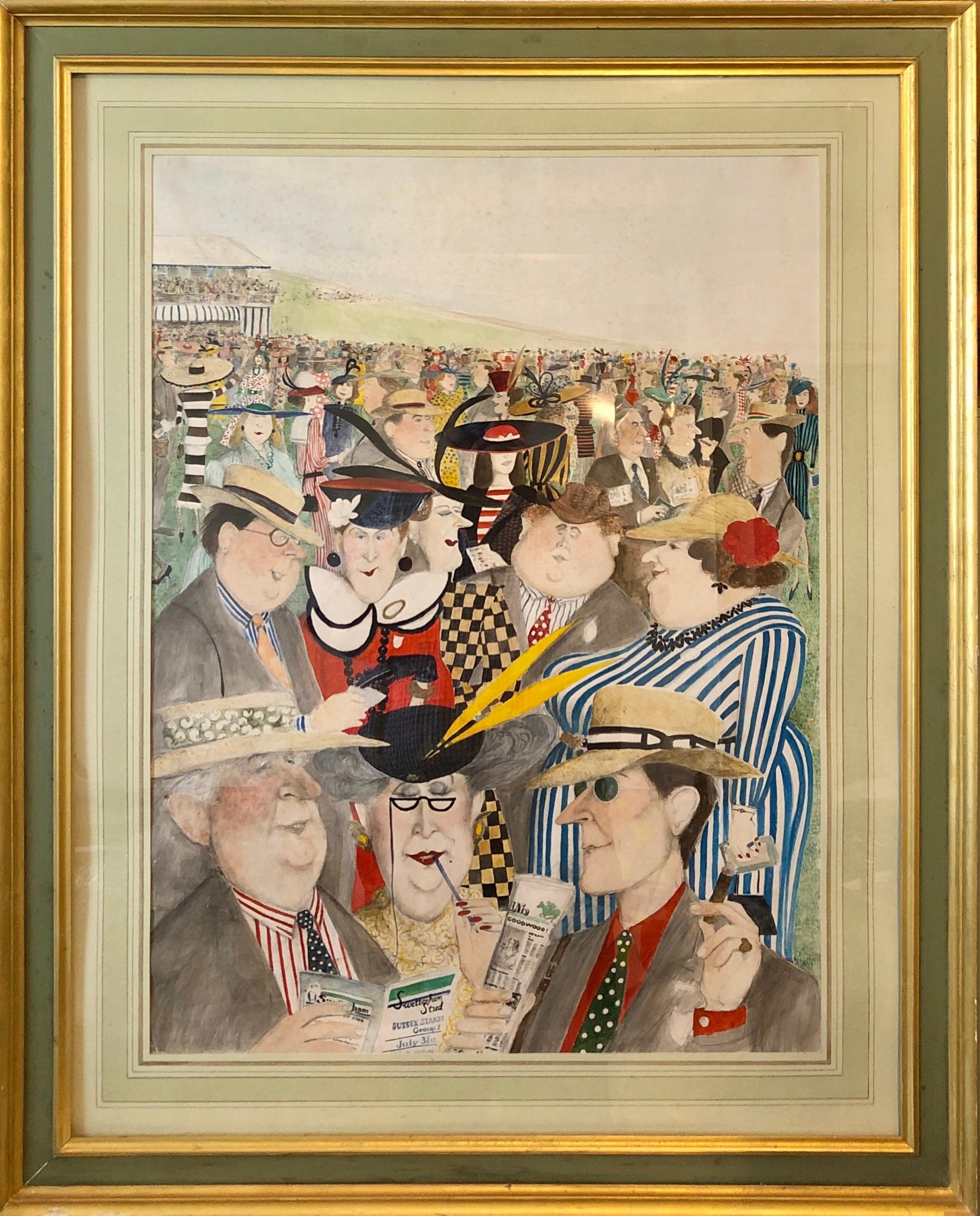 Rare grande aquarelle d'art originale d'illustration britannique « Horse Races » - Art de Sue Macartney Snape