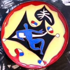 Vintage French Modernist Jean Lurcat Glazed Ceramic Plate Beach Scene, Swimmer