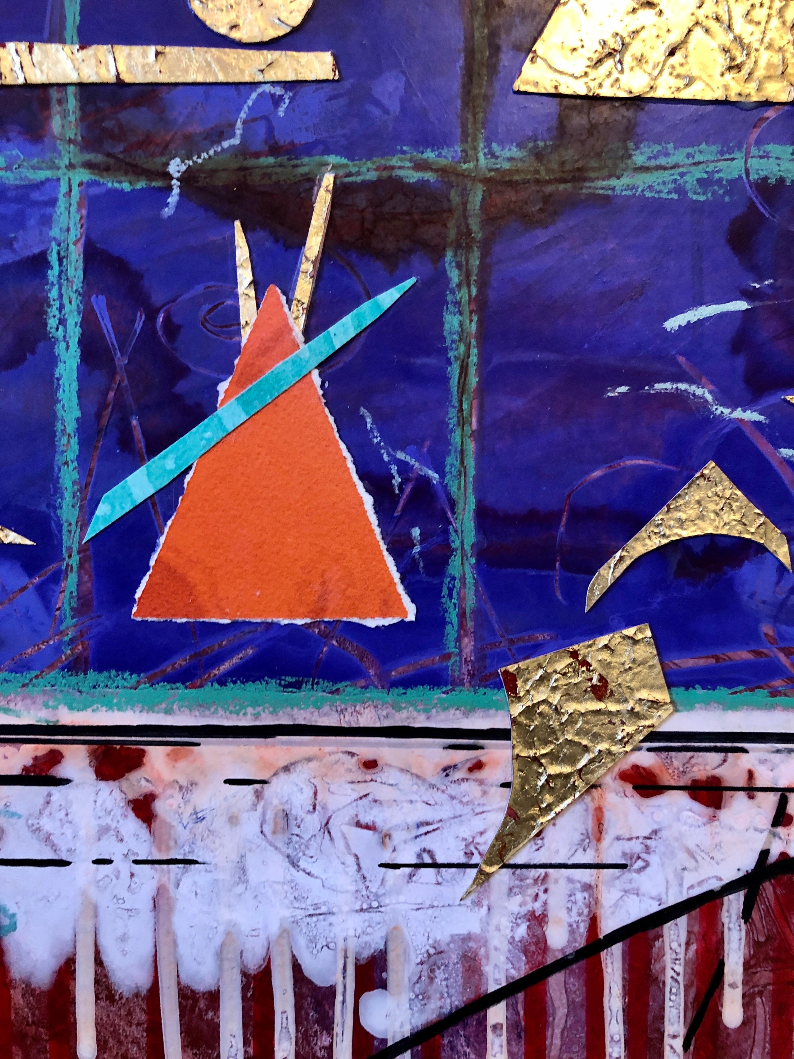 Abstraktes, farbenfrohes zeitgenössisches Acryl  Vergoldetes Collage-Gemälde, Blattgold vergoldet (Rot), Abstract Painting, von Sonja Kuhfahl