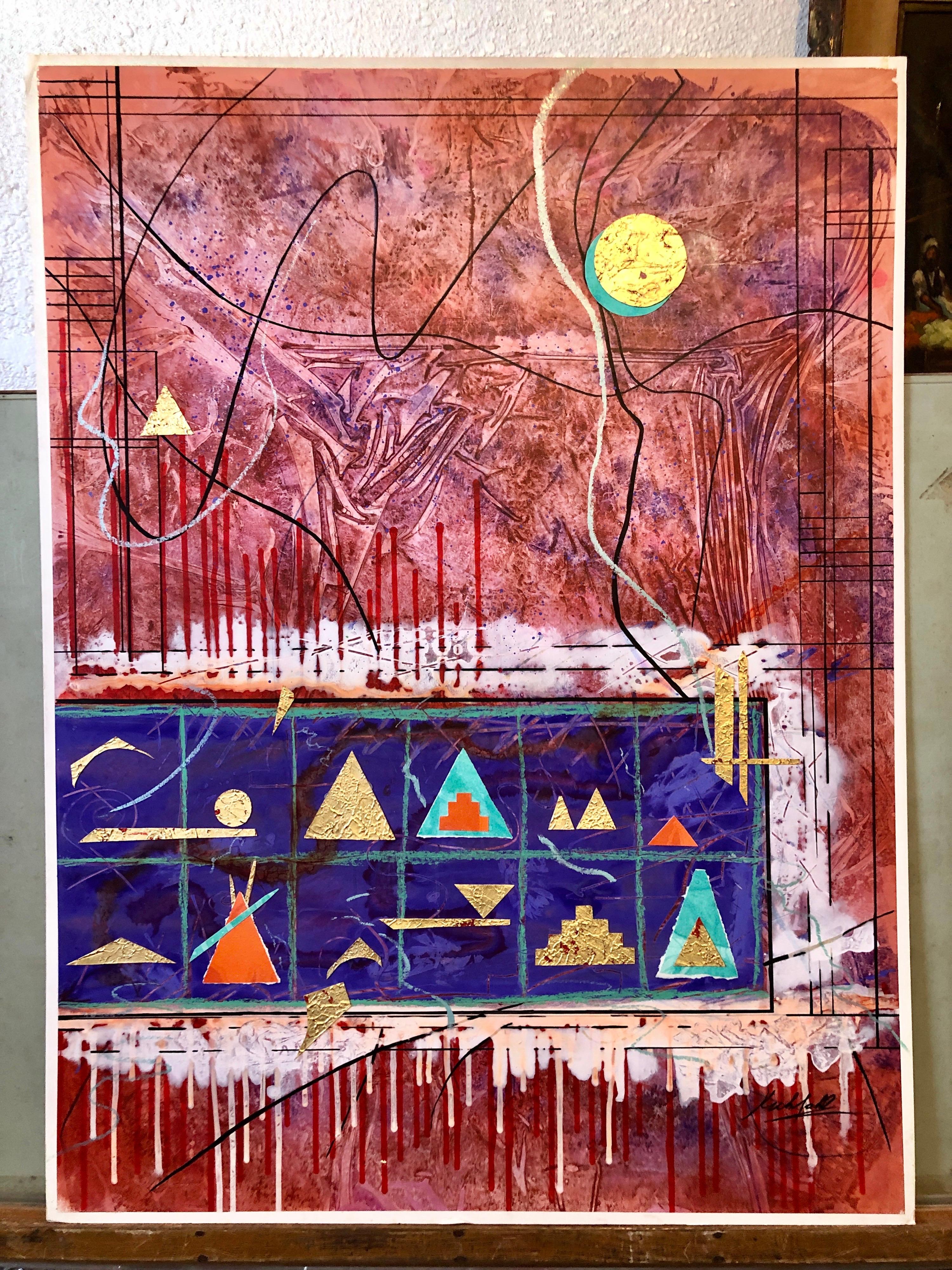 Acrylic Abstract Colorful Contemporary  Gilt Collage Painting Gold Leaf Gilding 2