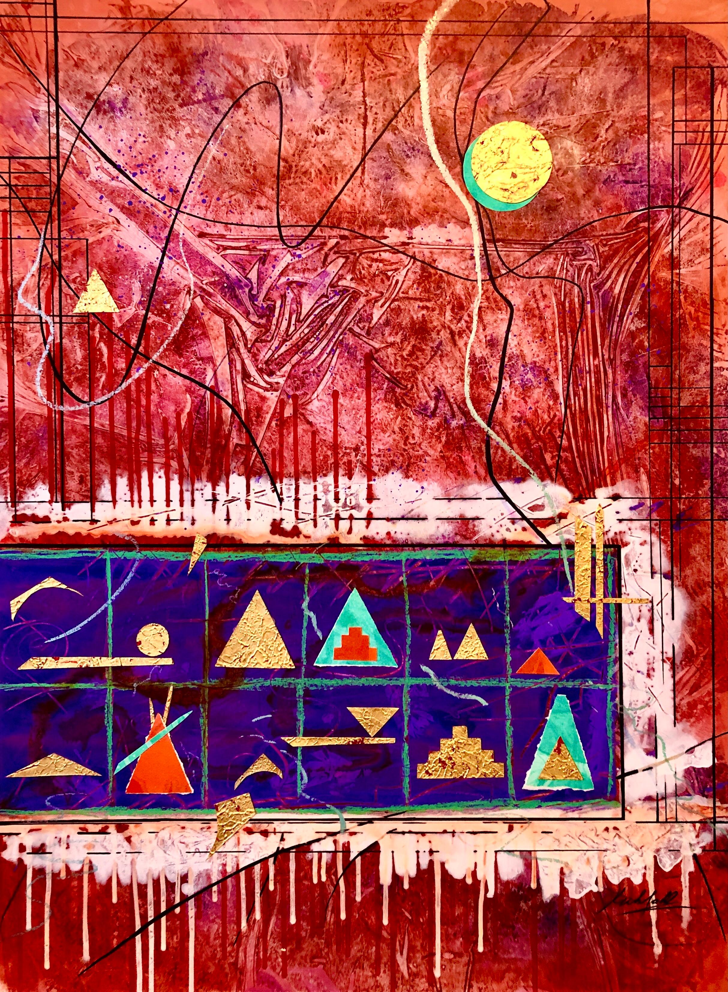 Sonja Kuhfahl Abstract Painting – Abstraktes, farbenfrohes zeitgenössisches Acryl  Vergoldetes Collage-Gemälde, Blattgold vergoldet