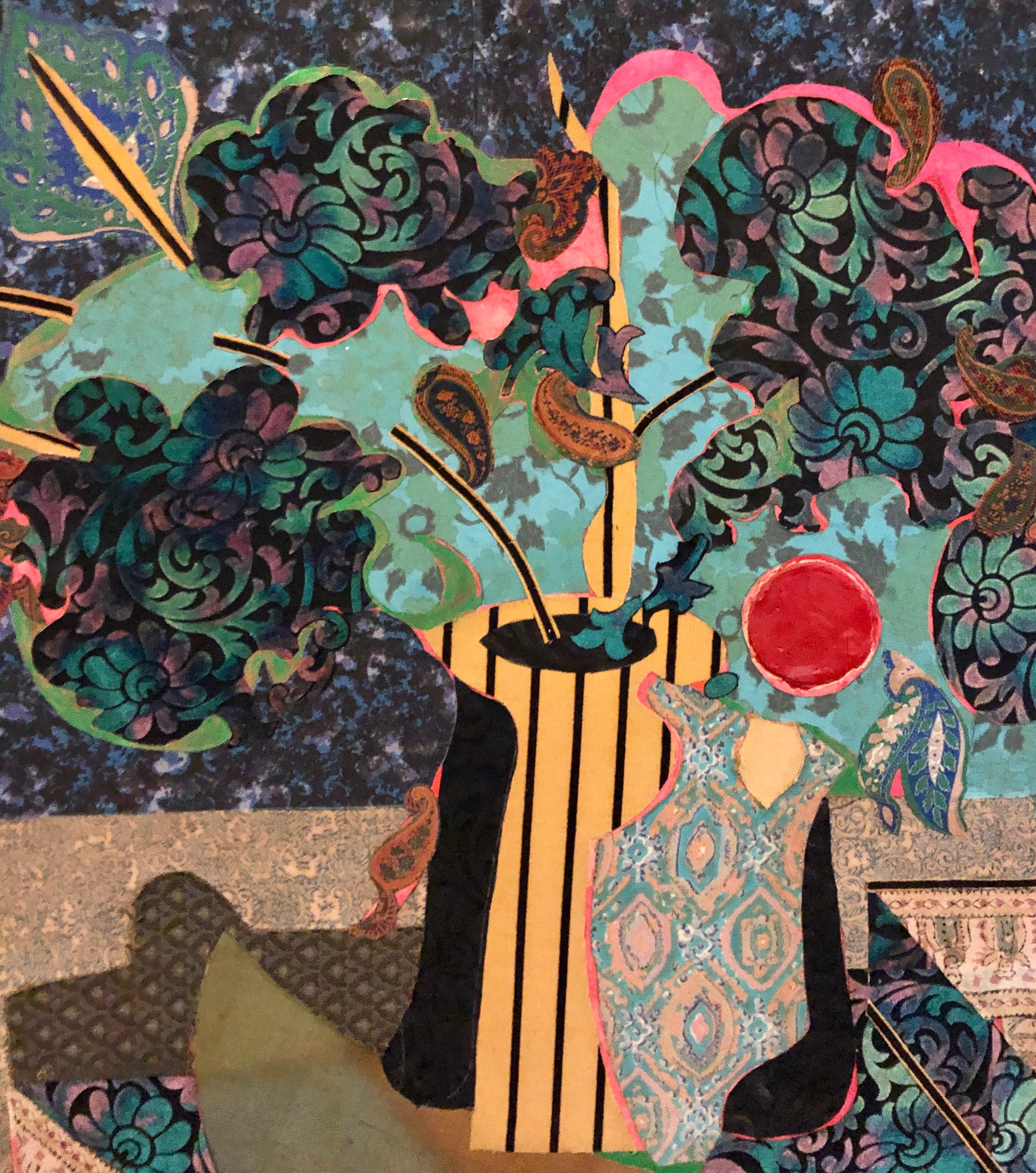 Large Mixed Media Mod Fabric Collage Textile Painting Modernist Art Wall Hanging 3