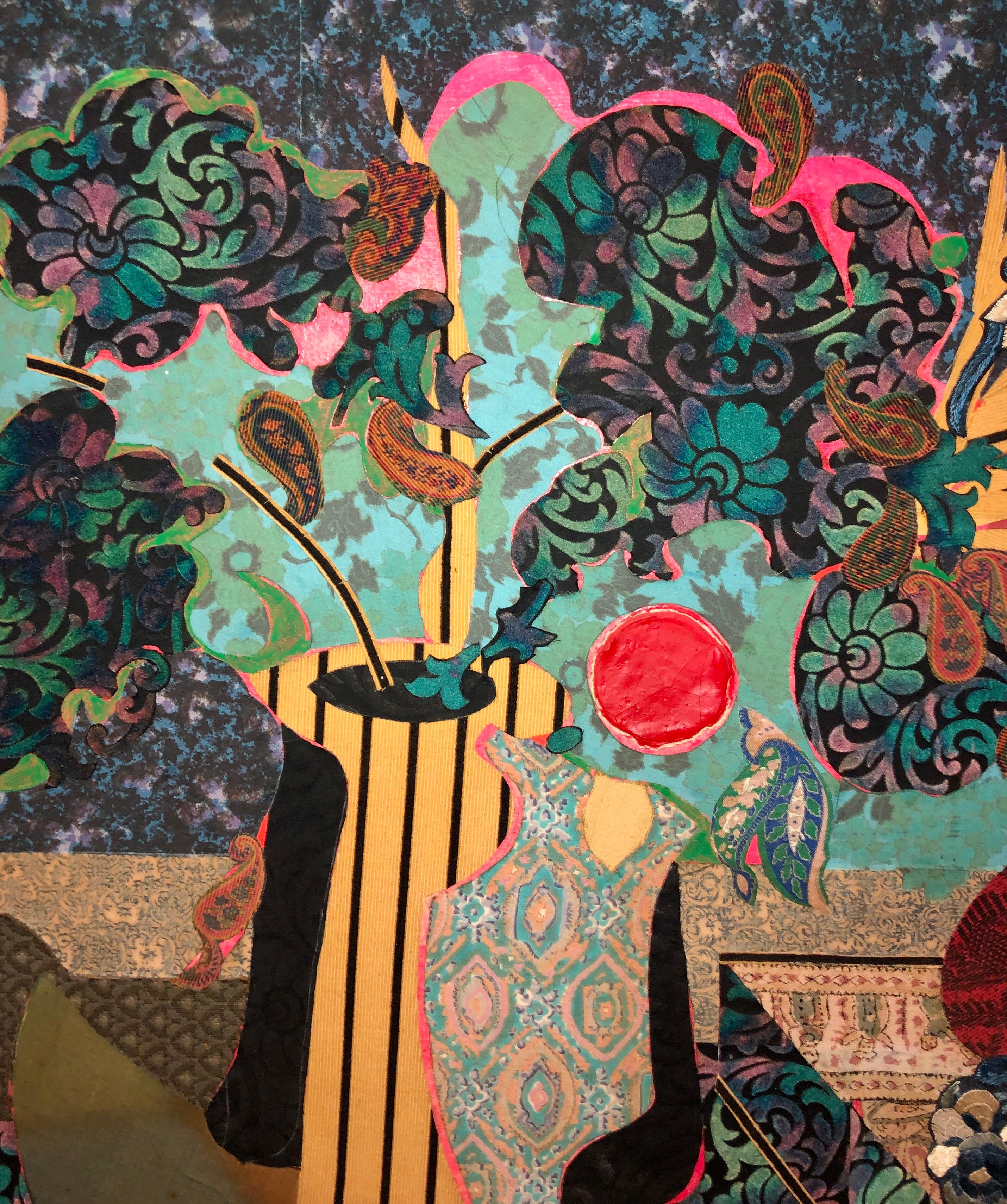 Large Mixed Media Mod Fabric Collage Textile Painting Modernist Art Wall Hanging 9