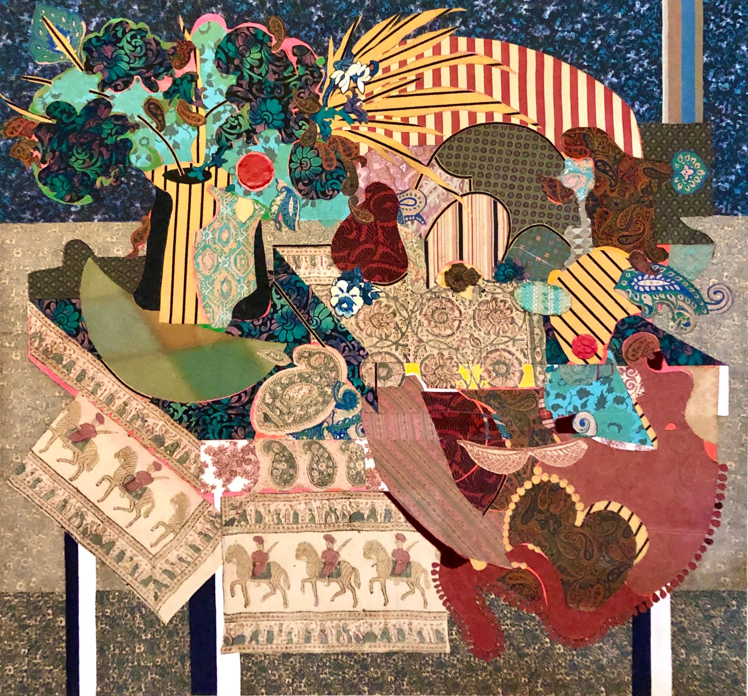 Große gemischte Medien Mod Stoff Collage Textil Malerei Modernist Kunst Wandbehang