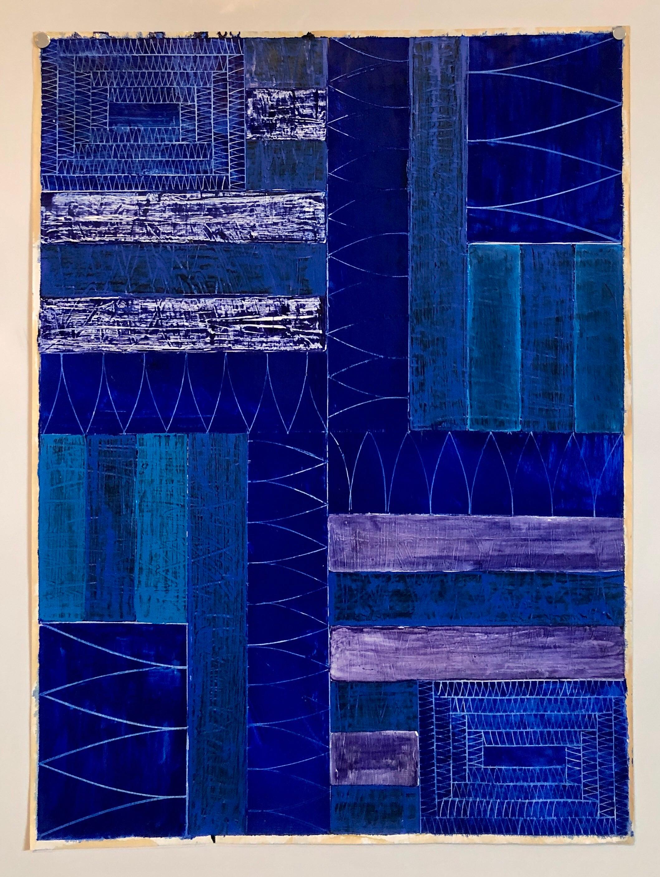 Joan Kahn Indigo Denim Blue Color Abstract Expressionist Modernist Oil Painting For Sale 11